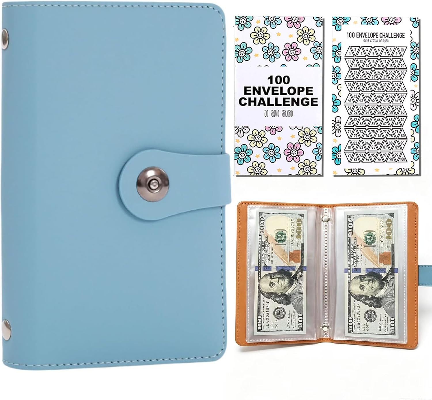 100 Envelopes Money Saving Challenge, Money Saving Binder, Easy and Fun Way to Save $10,000 or $5,050, Portable Budget Binder Money Savings Book with Cash Envelopes for Office,Home,School (Blue)