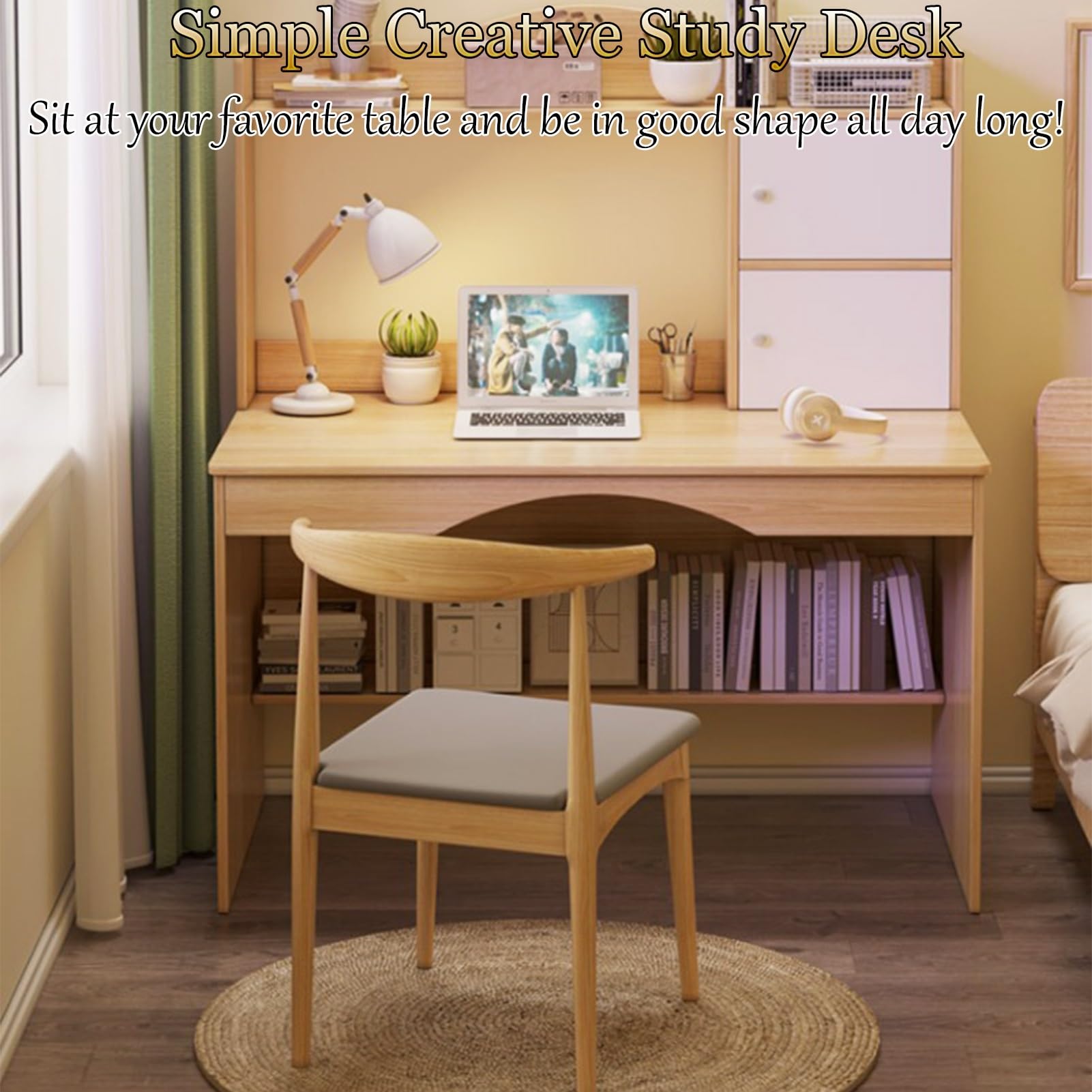 Creative Children's Study Table Multi-Storage Design Computer Desk Ergonomically Constructed Table with Desktop Bookshelf Sturdy Construction Smooth Sanding Safe to use (Color : Wood Colour, Size :