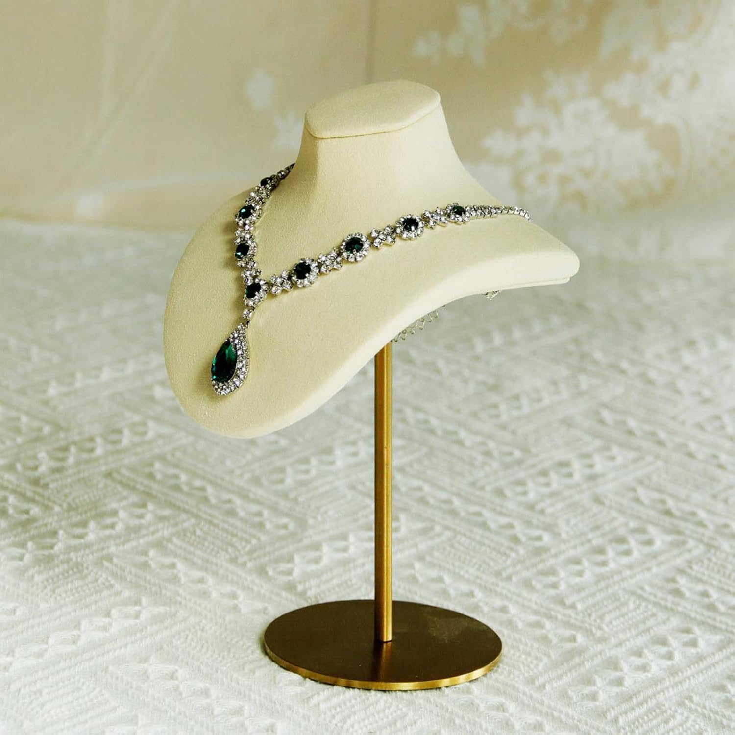 Beige White Microfiber Leather Necklace Display With Stainless Steel Stand – Jewelry Bust For Retail, Vendor Booth, Or Home – 7.08in / 18cm With Anti-Slip Clips