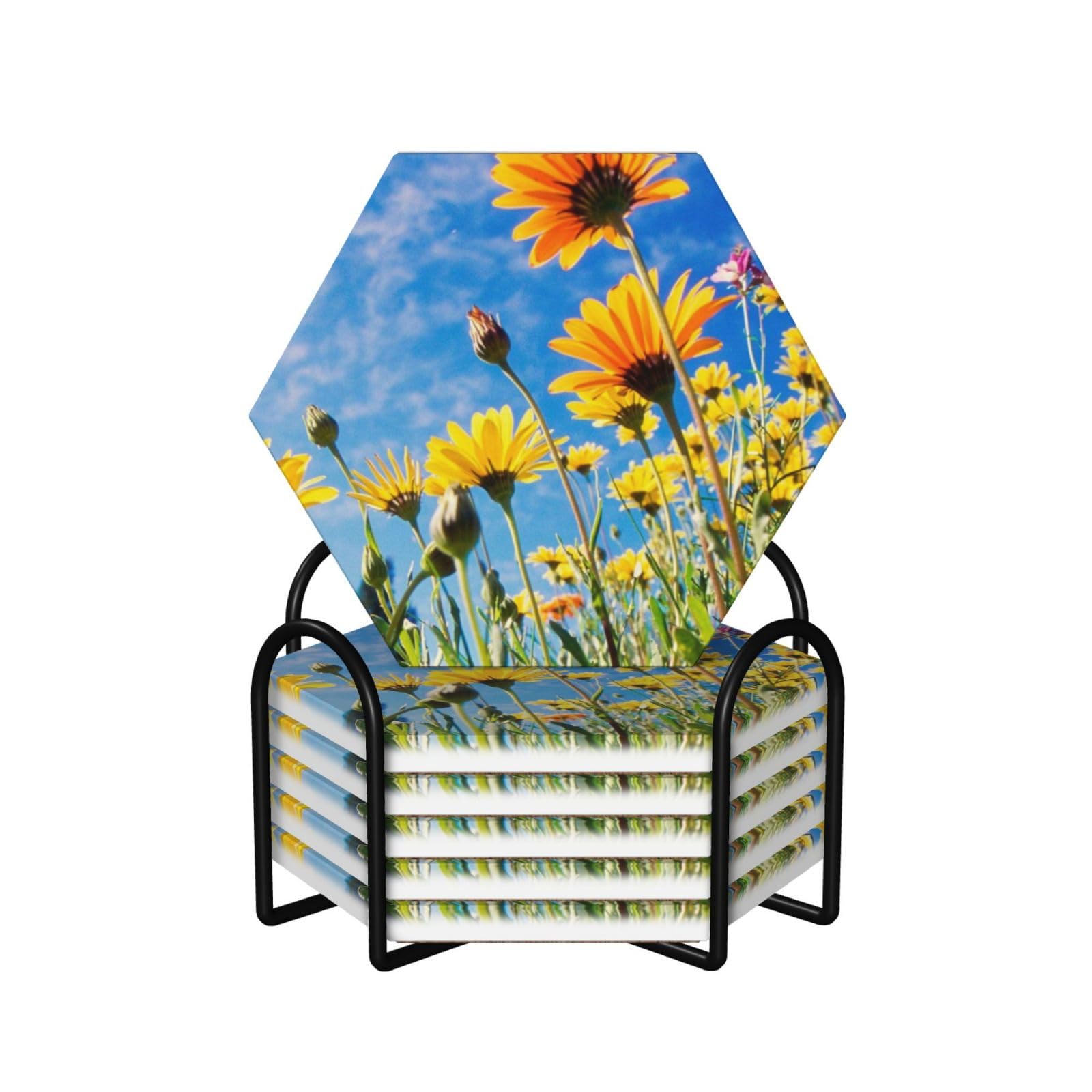 Dessous de verre en céramique lot de 6 avec support métal fleur jaune