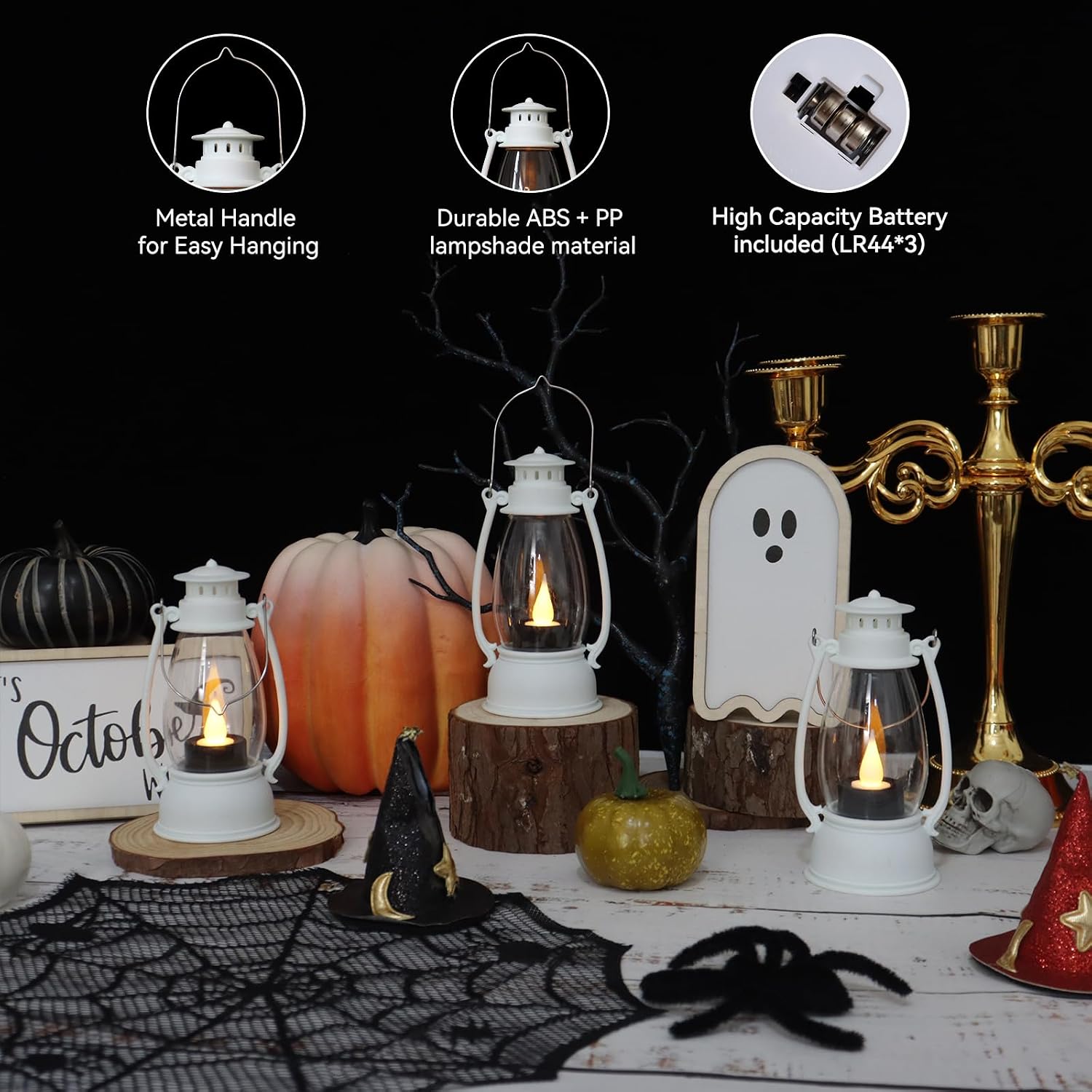 White Mini Lanterns Decorative 6-Pcs for Wedding & Ramadan, Eid, Small Elegant Lantern with LED Light for Western Cowboy Parties, Camping Baby Shower Birthday Party, Centerpiece Table image 2