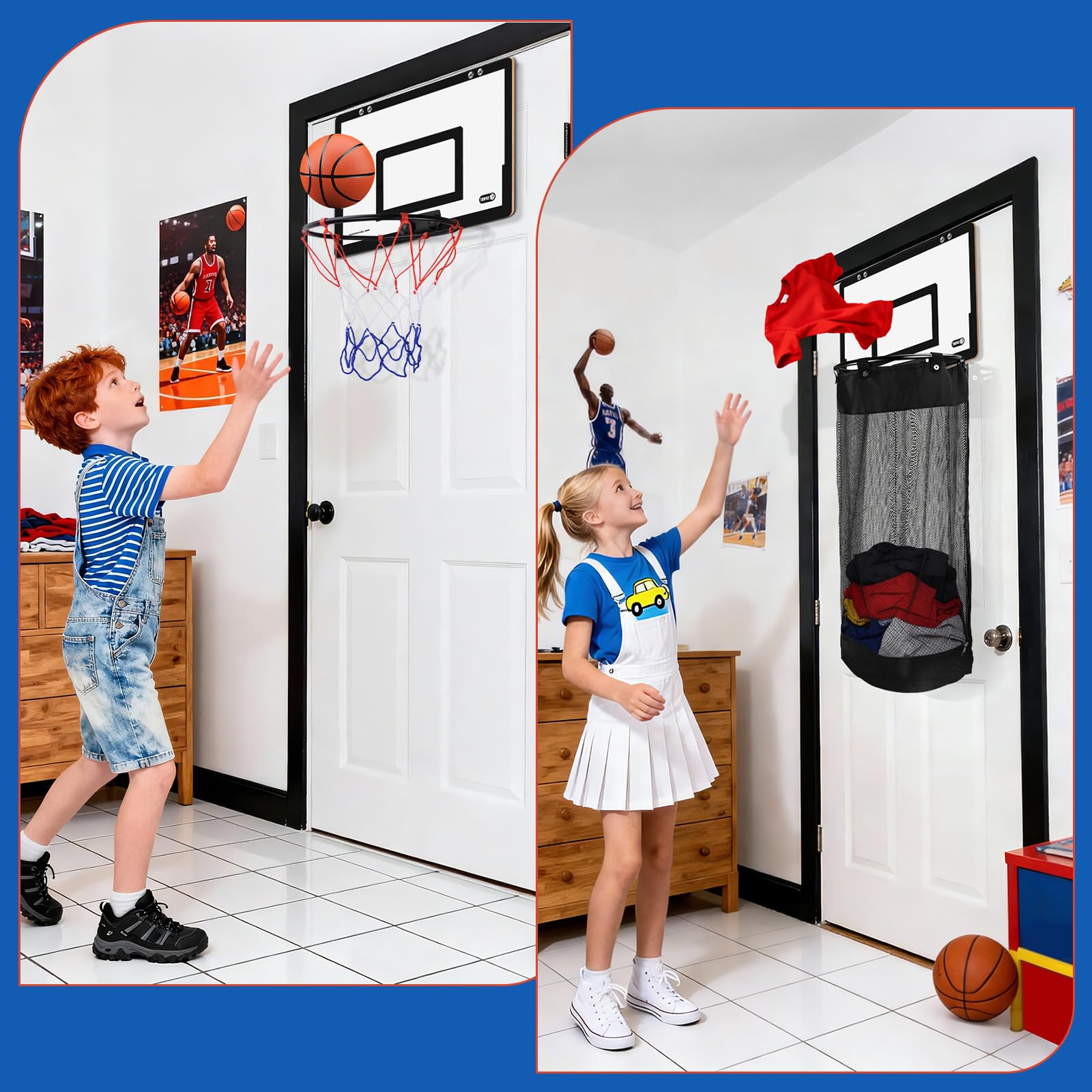 Basketballkorb und Basketballkorb über der Tür, 2-in-1 Holz-Sportwäsche/Wäschekorb mit Reifen und Reißverschluss unten, für Kinderzimmer, Teenager, Schlafzimmer, Schlafsaal, Badezimmer