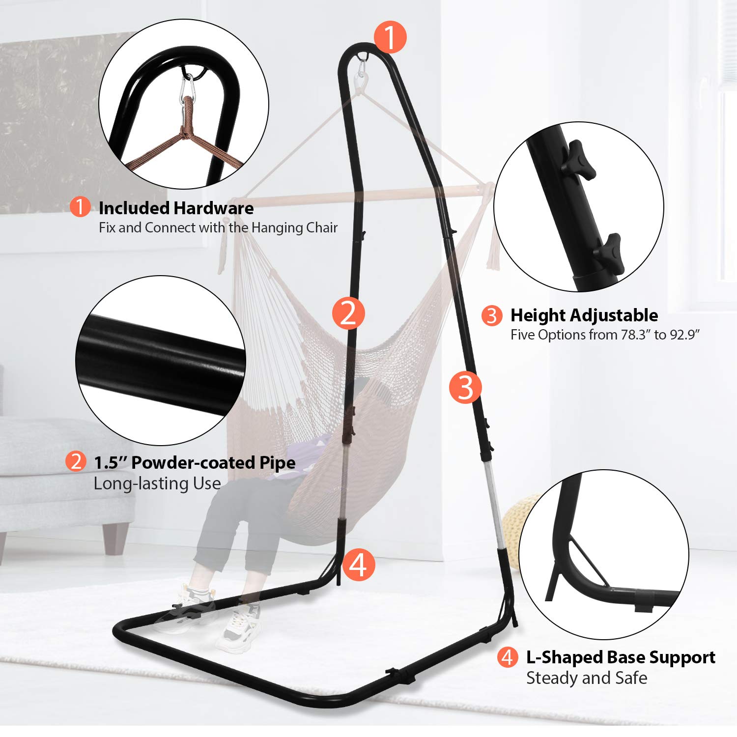 Solo supporto per sedia amaca, regolabile in altezza 200-230 cm, capacità 150 kg, supporto resistente per sedia amaca con struttura in acciaio solido con finitura verniciata a polvere, per interni ed