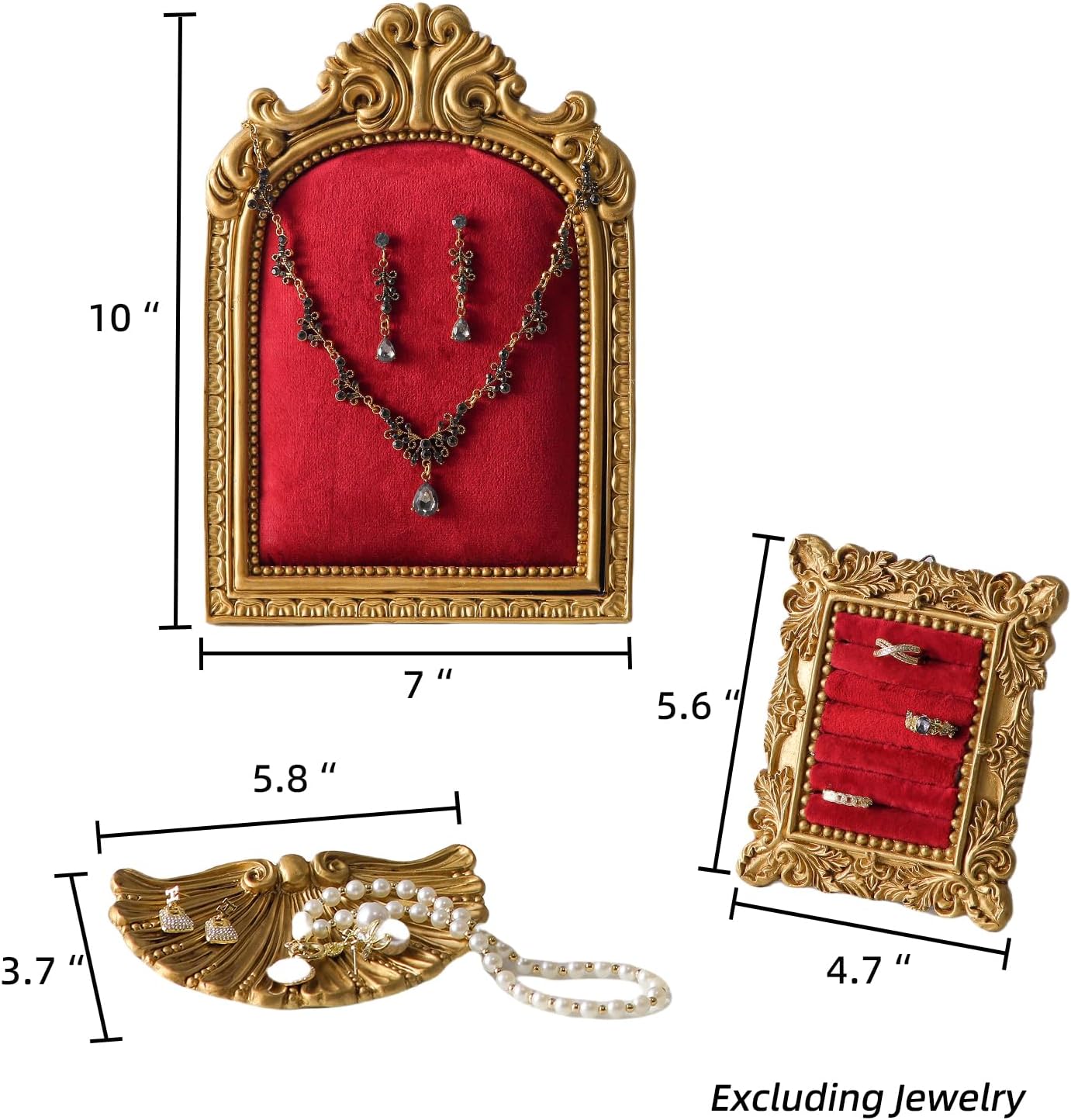 3-Piece Jewelry Display Stand, Velvet Necklace Display Set, Ring Holder Dish, Vintage, Earring Organizer, Baroque Trinket Storage Dish for Women Gifts, Necklace Jewelry Stand for Selling