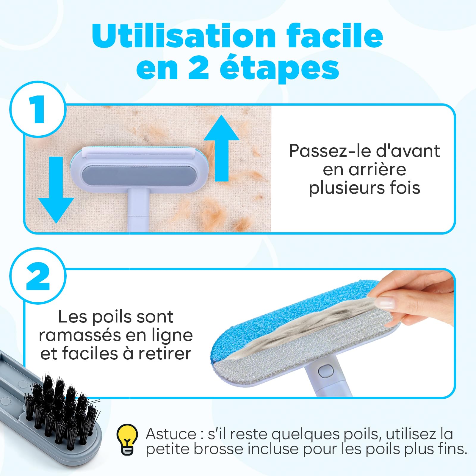 Brosse a Poils Animaux, Ramasse-Poils Réutilisable pour Canapé, Tapis & Textiles, Manche Amovible, Brosse de Détail Intégrée, Facile à Nettoyer