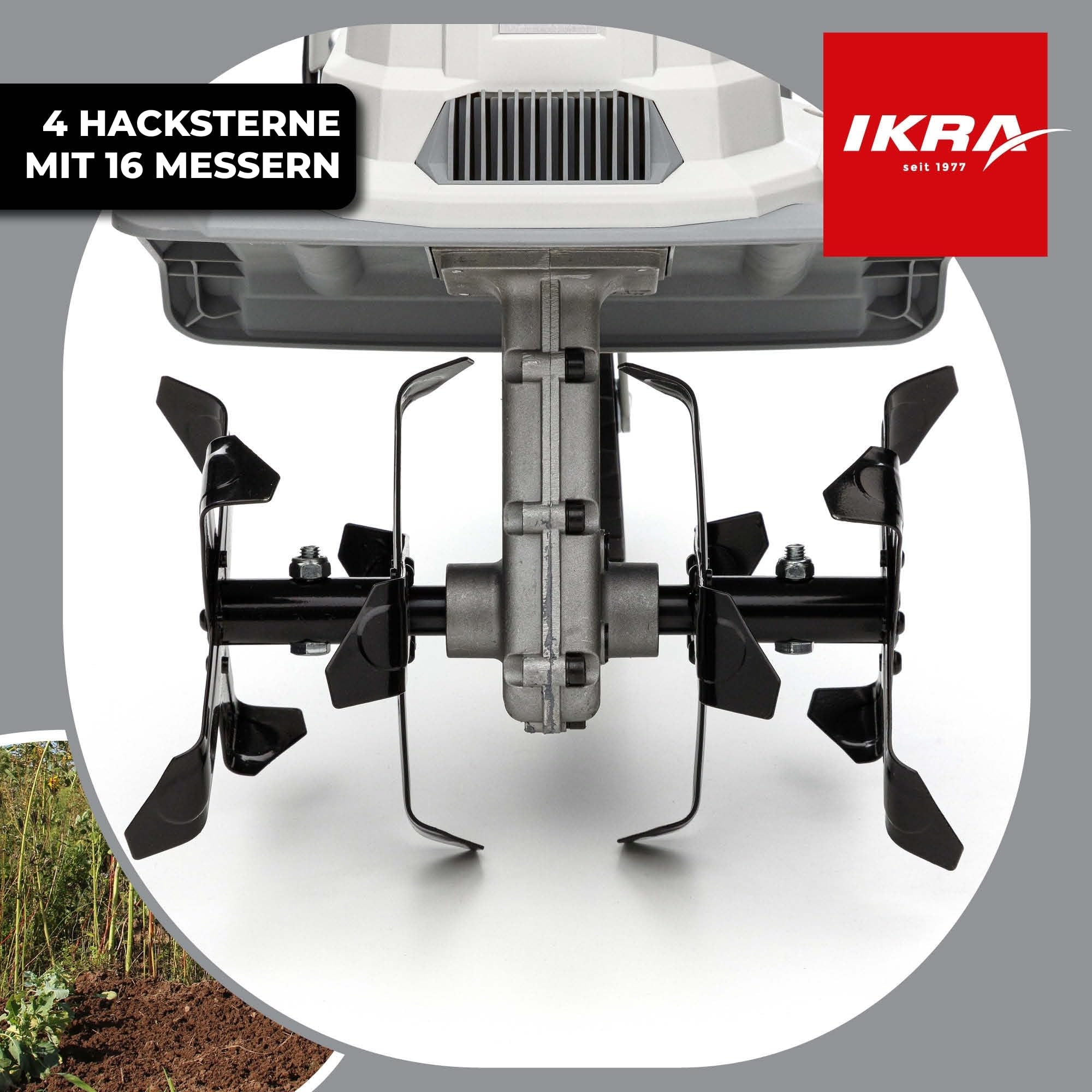 IKRA Elektro Bodenhacke IET 1030, Arbeitsbreite 30cm, Arbeitstiefe 20cm | Boden lockern und Saatbett vorbereiten, 1080W, Bremssporn, Transportrad, platzsparend zusammenklappbar, Überlastschutz
