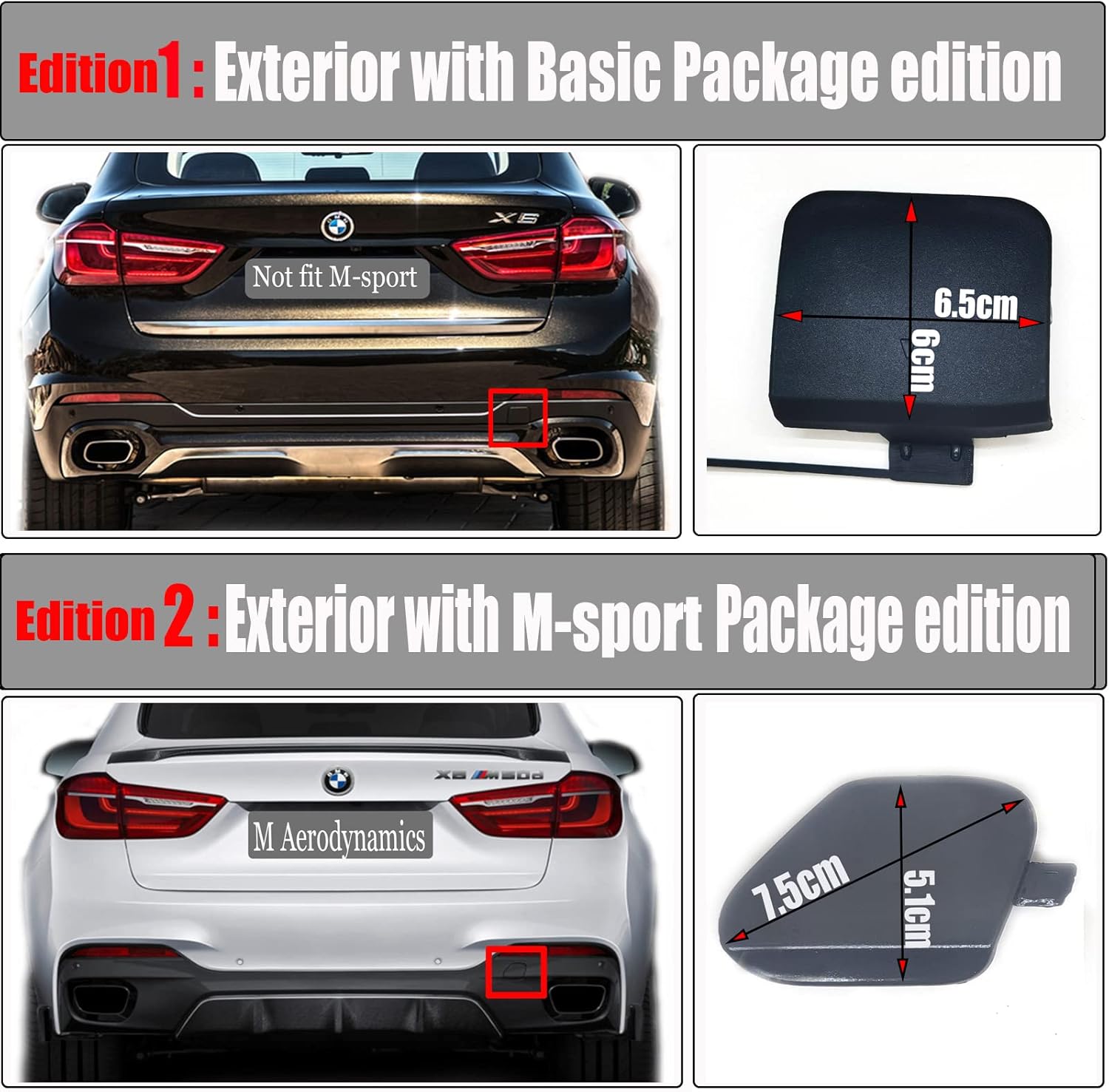 Rear Tow Cover for 15-19 BMW X6 M Aerodynamics Sport F16 Fit 28iX 30dX 35iX 40dX 50iX M50d xDrive sDrive 2015 2016 2017 2018 2019 SAV Bumper Towing Hook Eye Cap 51128056540