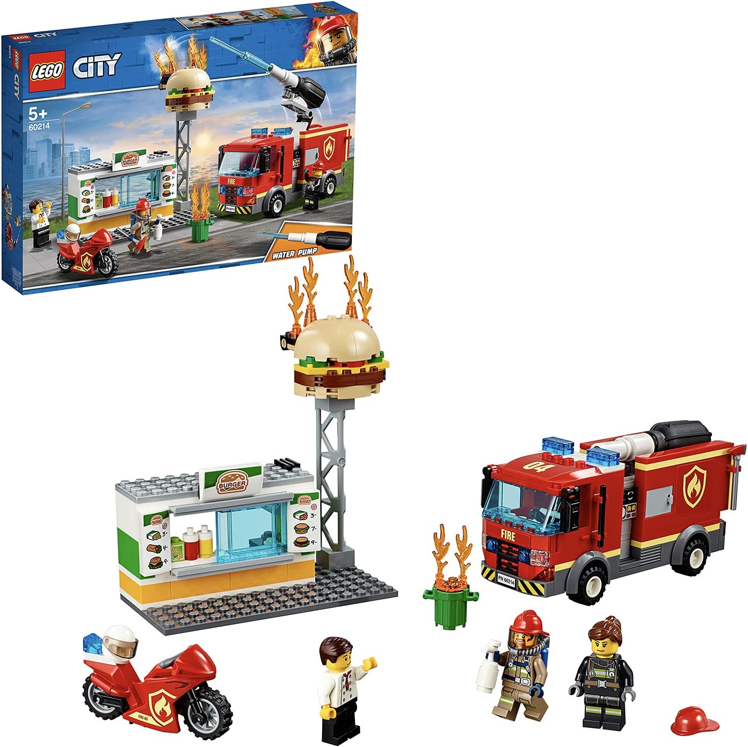 LEGO 60214 City Burger Bar Fire Rescue Set with Truck and Motorbike Toy Vehicles and Firefighter Minifigure, Gifts for 5 Plus Years Old Boys & Girls