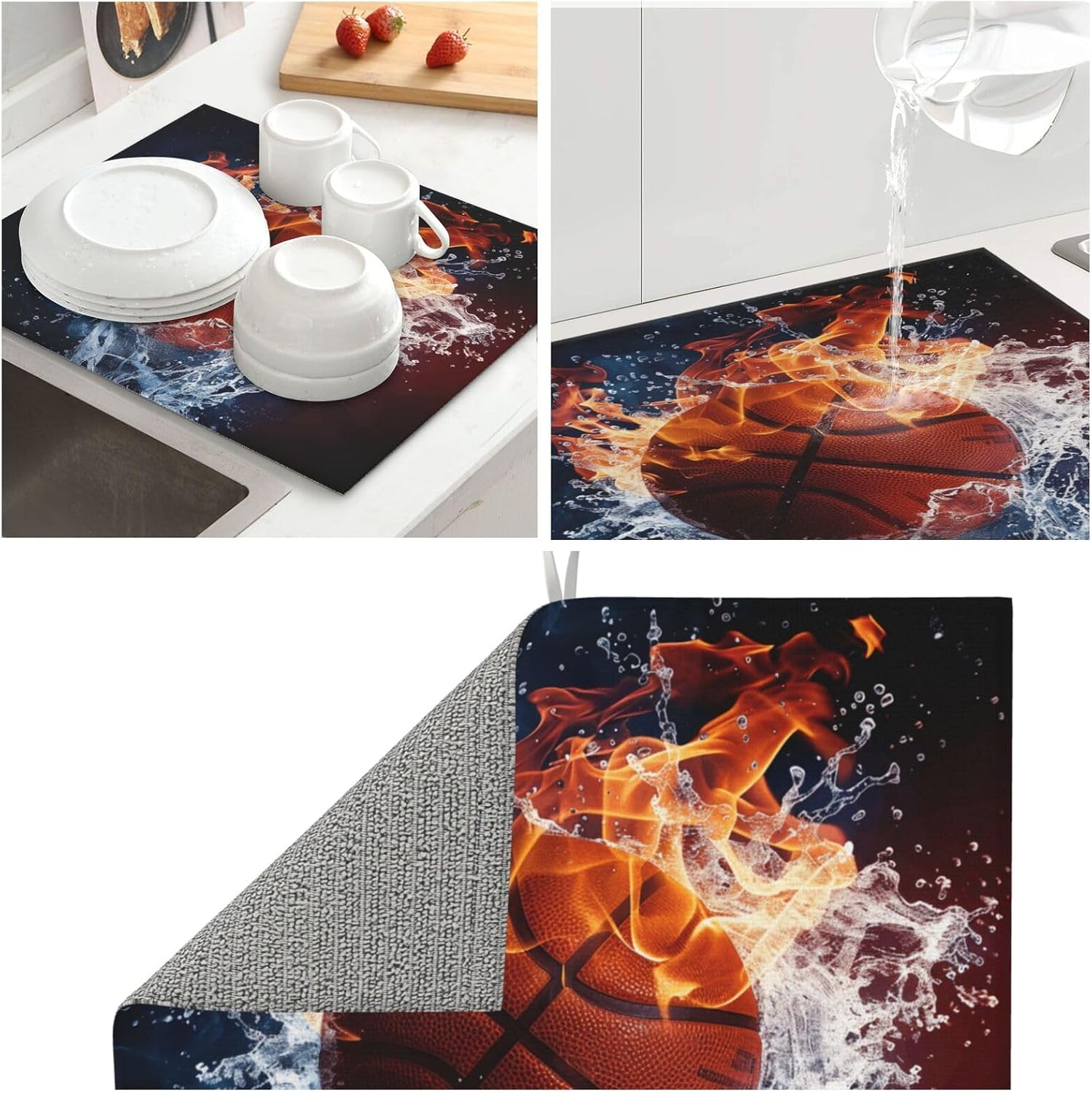 Water Splash Orange Basketball Dish Drying Mat For Kitchen Counter Dry Mats Microfiber Dish Drainer Mat Protector Pad Absorbent Fast Drying Kitchen Must-Have 16x18 Inch