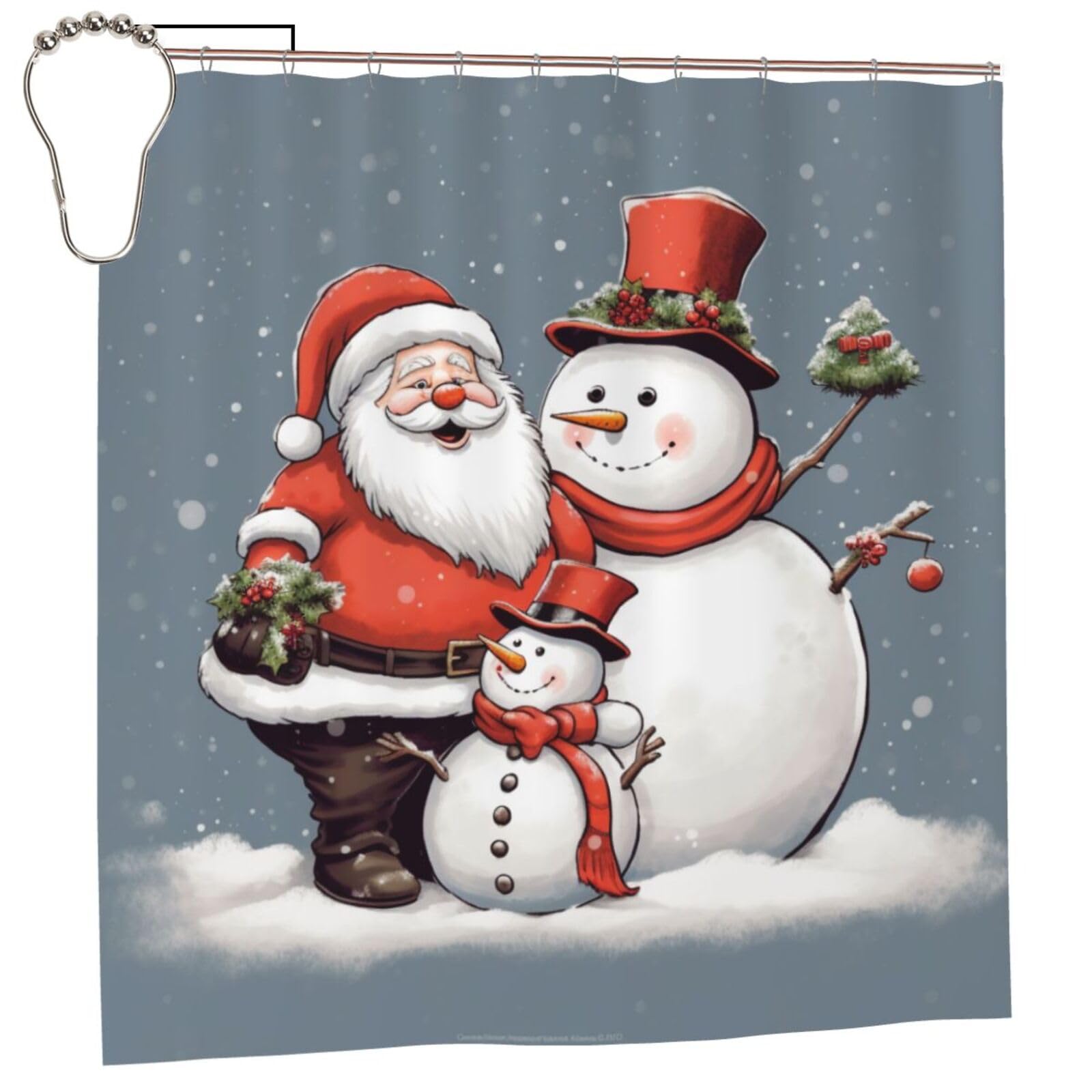 BWWHCCTI Santa Claus and Snowman Printed Shower Curtain With 12 Iron Hooks Opaque Quick Drying Waterproof Shower Curtains Sets For Bathroom 183x183 CM