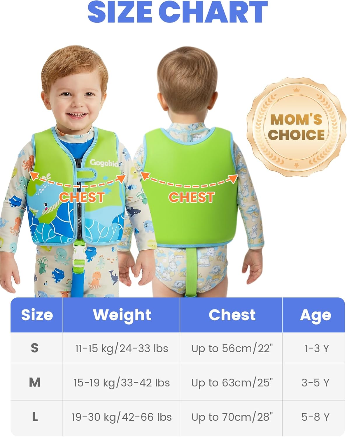 Gogokids Toddler Swim Vest Pool Floaties for Kids 1-2-3-5-7-9 Yrs, Neoprene Kids Swimming Jacket w/Adjustable Safety Strap & Zip, Toddler Float Jacket 24-66lbs for Beach Puddle Pool Boys Girls Niños