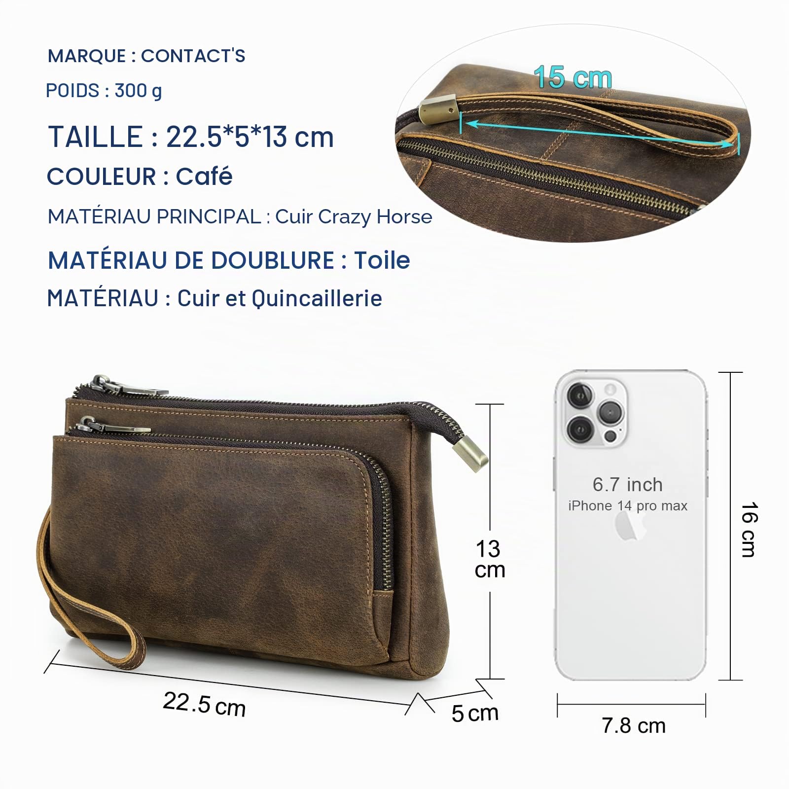 Contacts Embrayage de voyage pour hommes en cuir véritable avec sangle de main, RFID serrure de passeport sac marron, sac d'embrayage de téléphone de grande capacité pour hommes, Caffé1035
