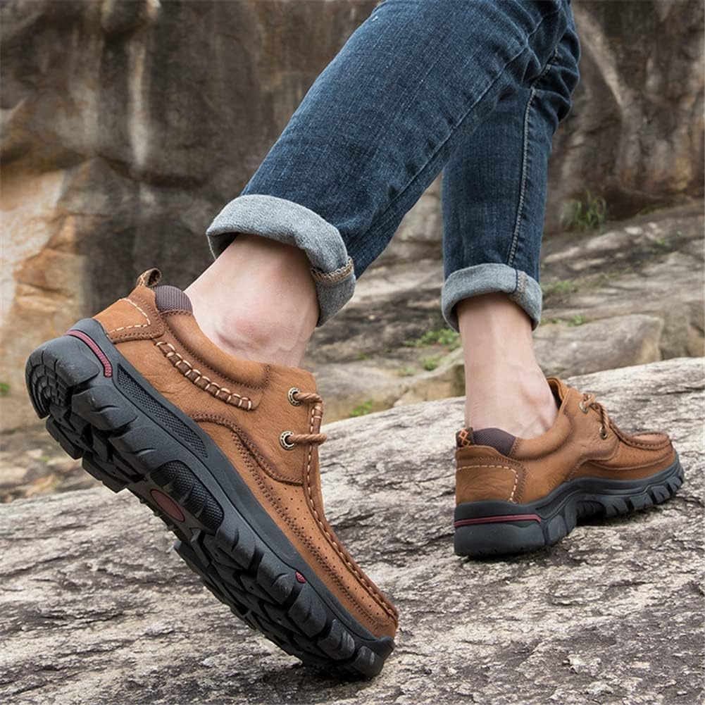 GOSPT Men's Comfortable Trail Hiking Shoes Lace up Casual Driving Leather Loafers