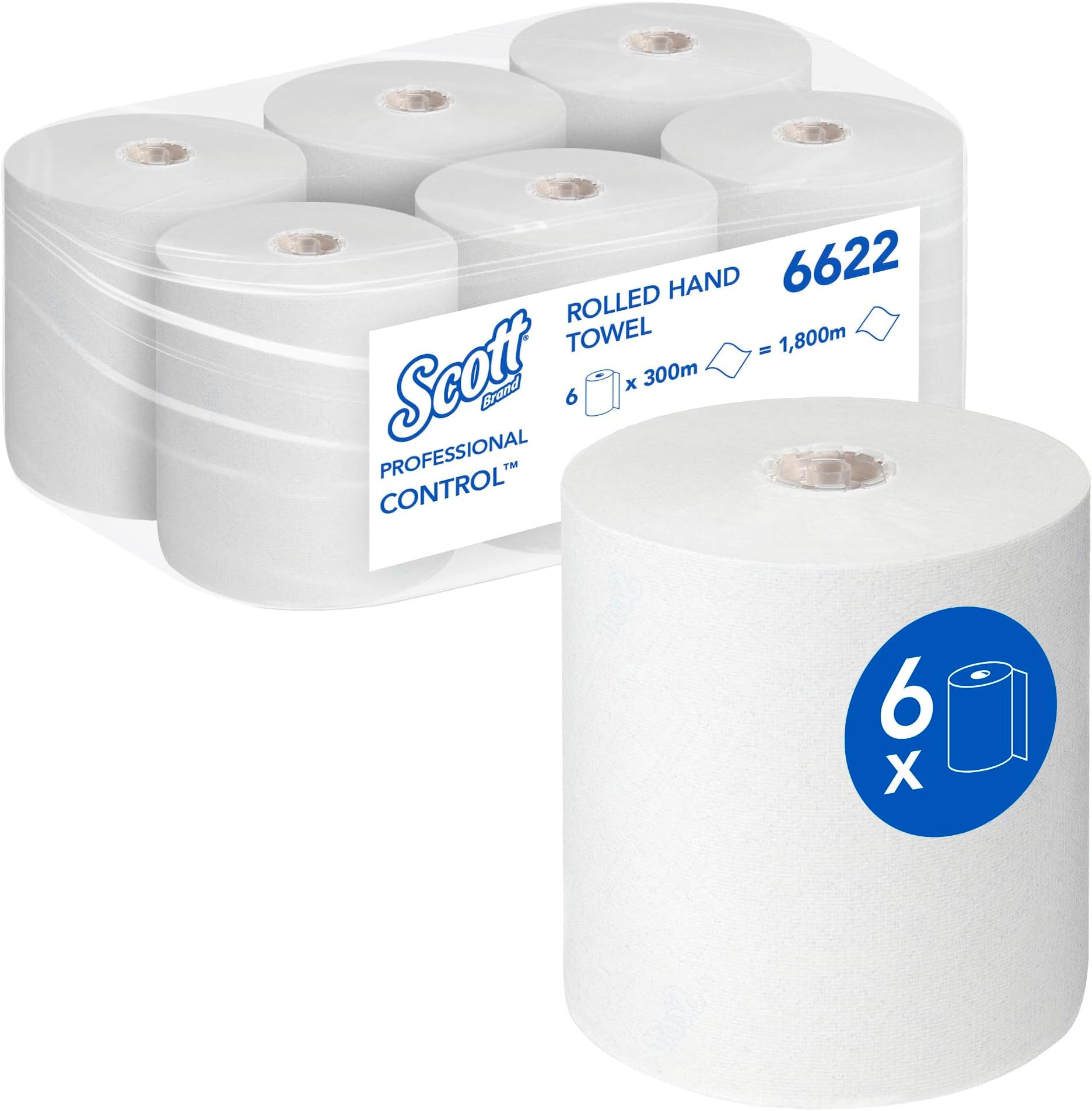 Scott 6622 Rolled Hand Towels, White Paper Towel Rolls for Hygienic Hand Drying, Embossed & Disposable, 1-Ply, Food Contact Certified, 6 x 300m (1,800m Total)