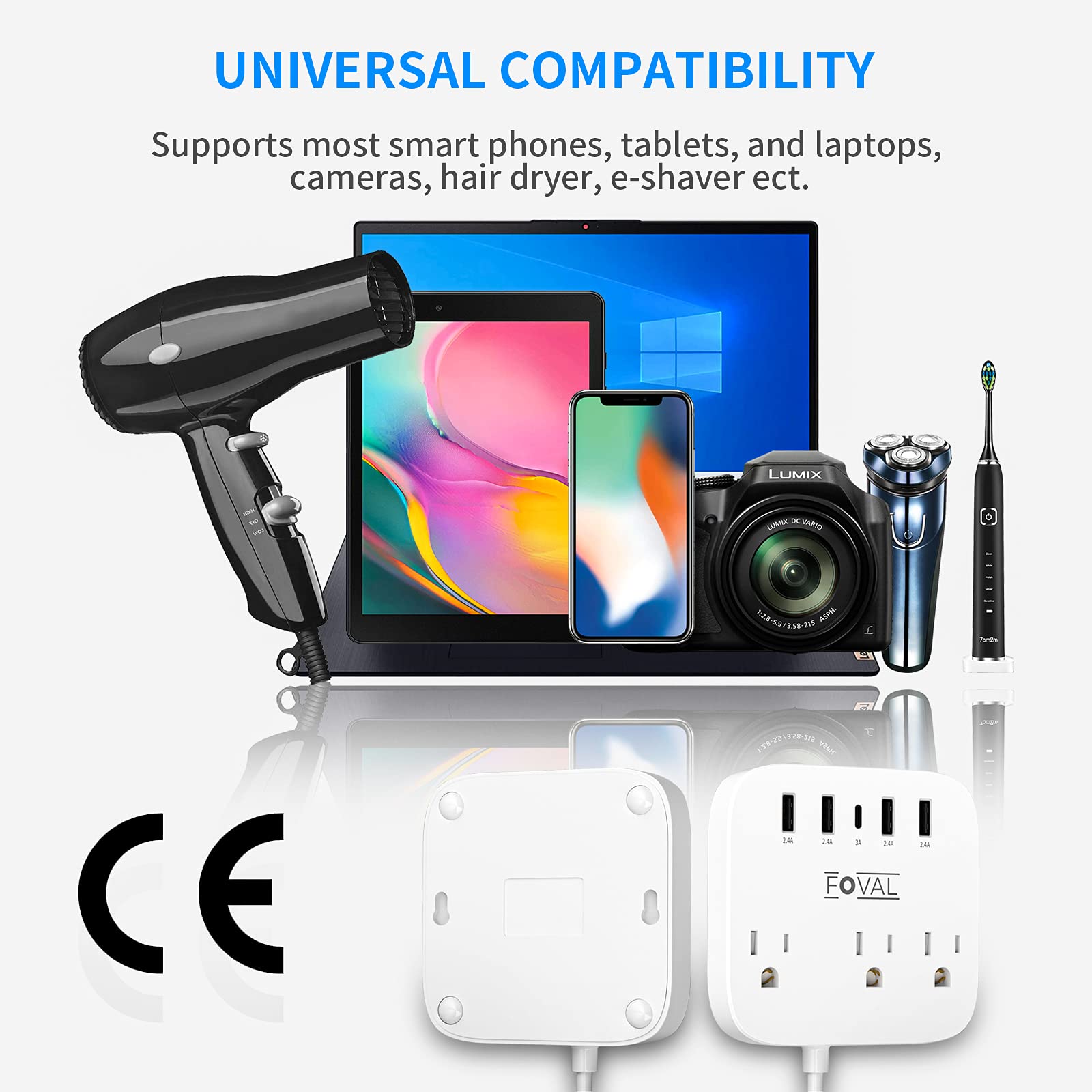 Buy European Travel Plug Adapter, FOVAL EU/UK/US Power Strip with USB C