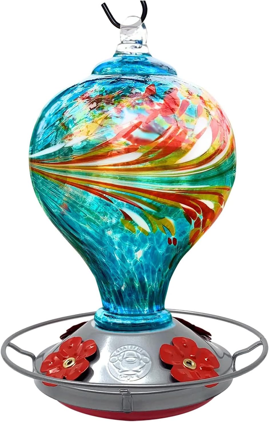 Hummingbird Feeder by Grateful Gnome - Large Hand Blown Stained Glass Feeder for Garden, Patio, Outdoors, Window with Accessories S-Hook, Ant Moat, Brush - 36fl oz, Large Blue Egg Design