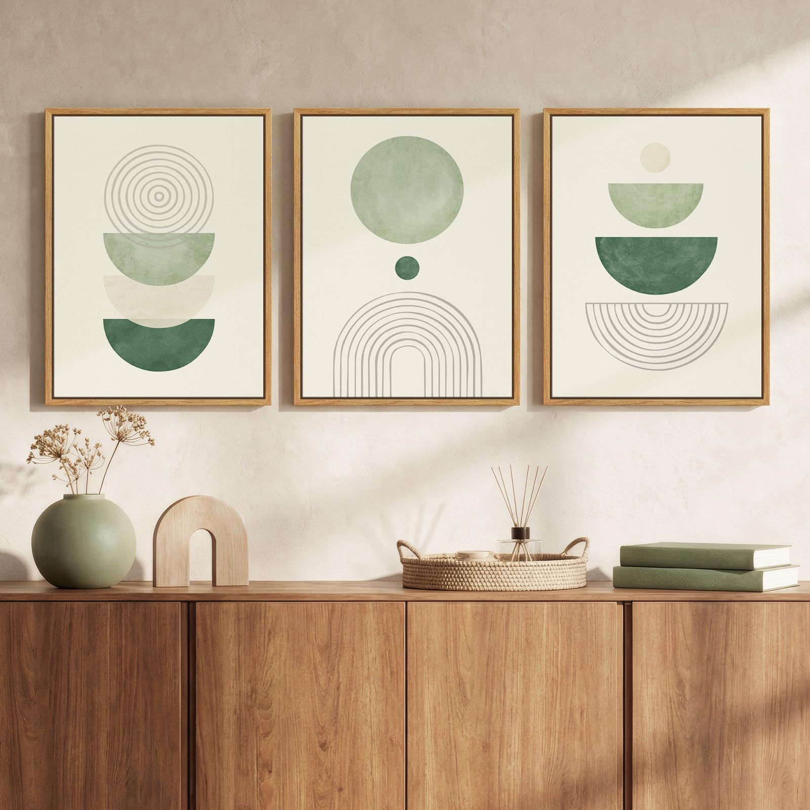3 Piece Framed Green Boho Canvas Wall Art Set, Minimalist Geometric Abstract Wall Decor, Sage Green Beige Print Paintings for Bedroom Bathroom Hallway Office 12x16 Inch - Product view