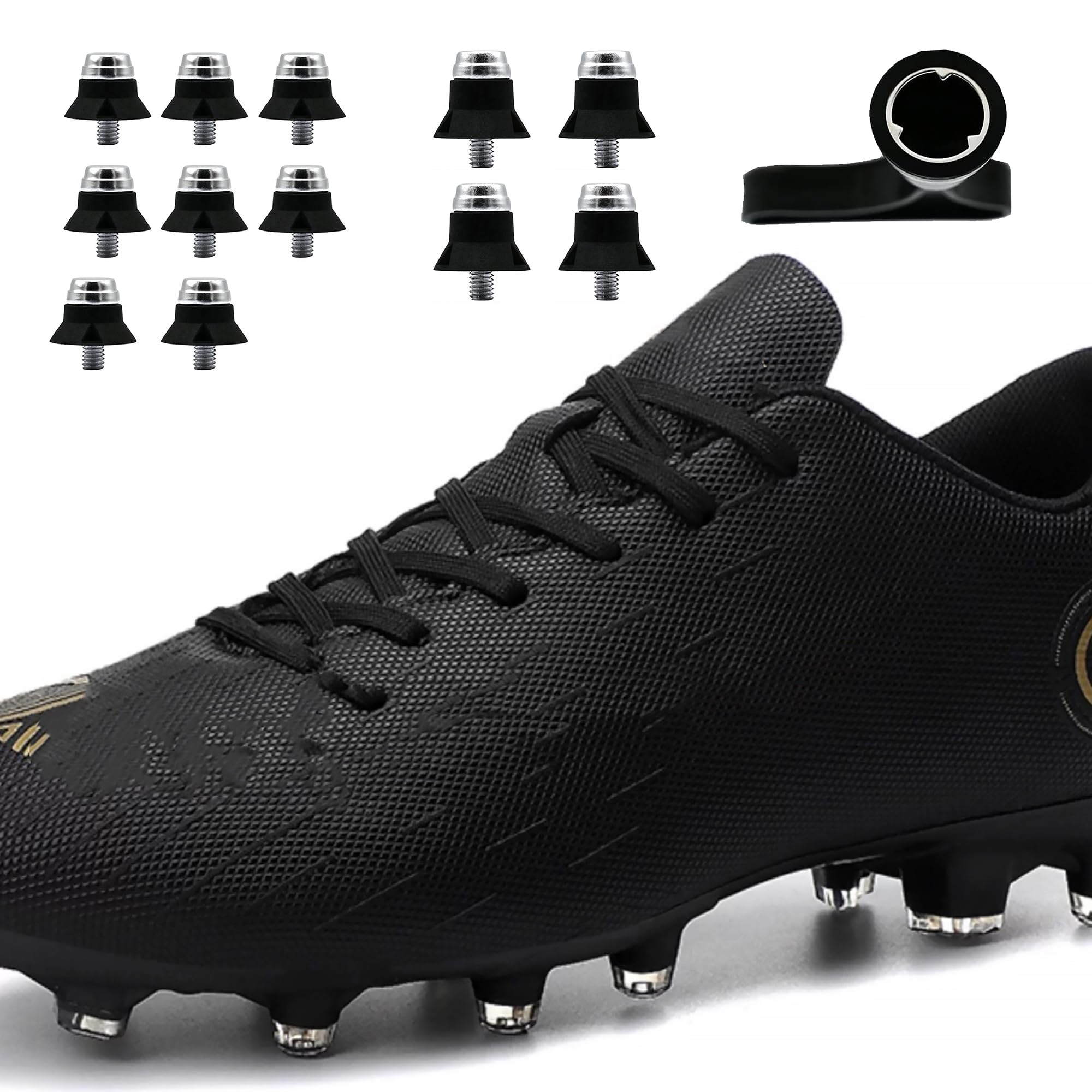 24 Stück Fußball Ersatzstollen, Schraubkappen für Fußballschuhe, Ersatzstollen Kunststoff, Ersatzstollen Fussball mit Schraubkappenschlüssel für FußBallschuhe (Schwarz + Silber)