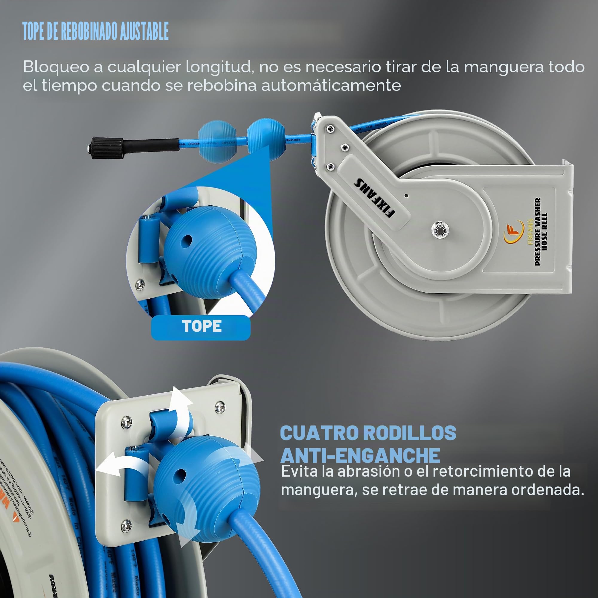 FIXFANS Carrete de manguera de lavado a presión con manguera, carrete de manguera retráctil de 1/4 pulgadas × 60 pies, carrete de manguera resistente, rebobinado automático, montado en la pared, 3600