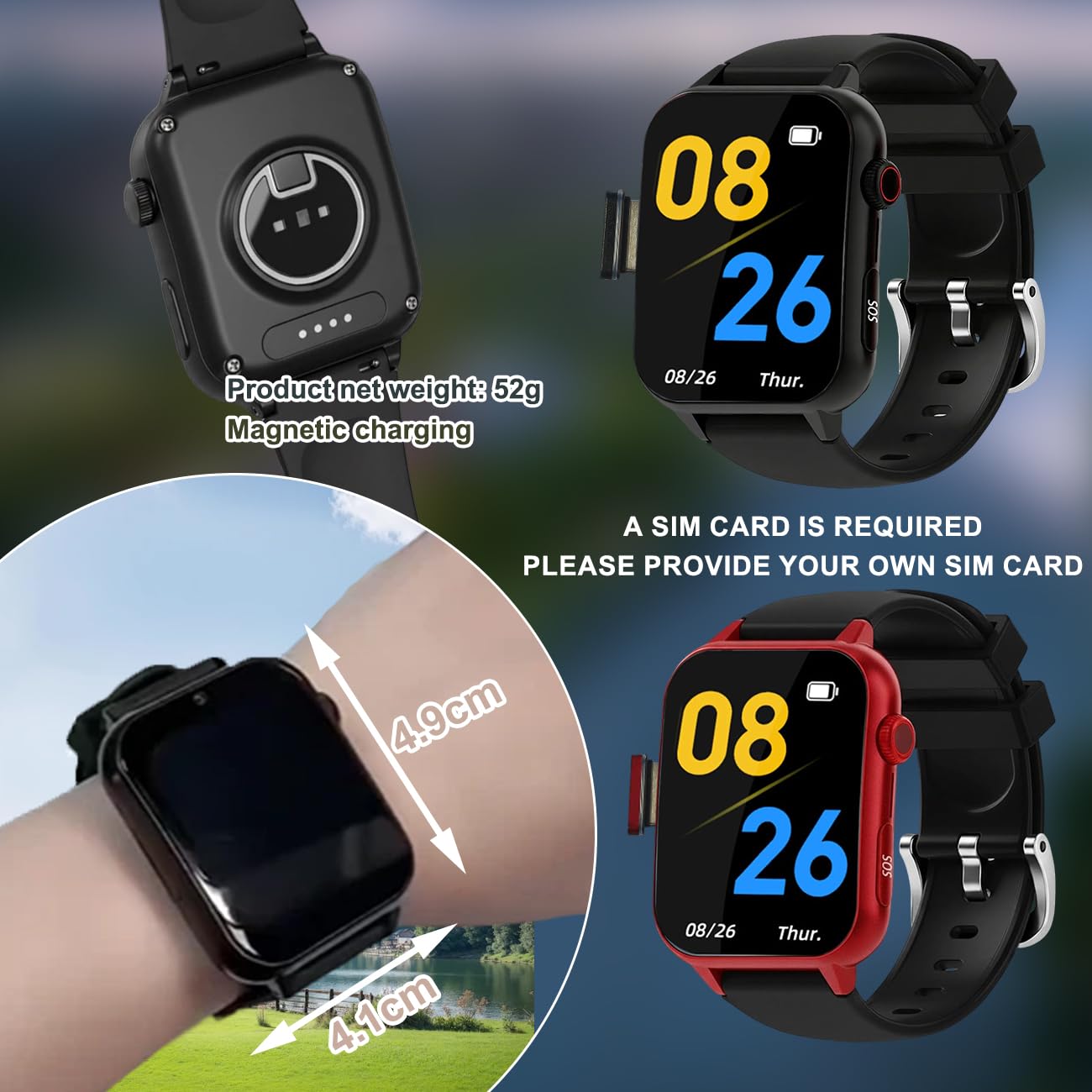 Montre Alarme Personnelle pour Personnes Âgées, Montre pour Seniors Indépendants avec SOS Alerte Chute GPS À Offrir Aux Parents,Noir,1.9 * 1.6 inch