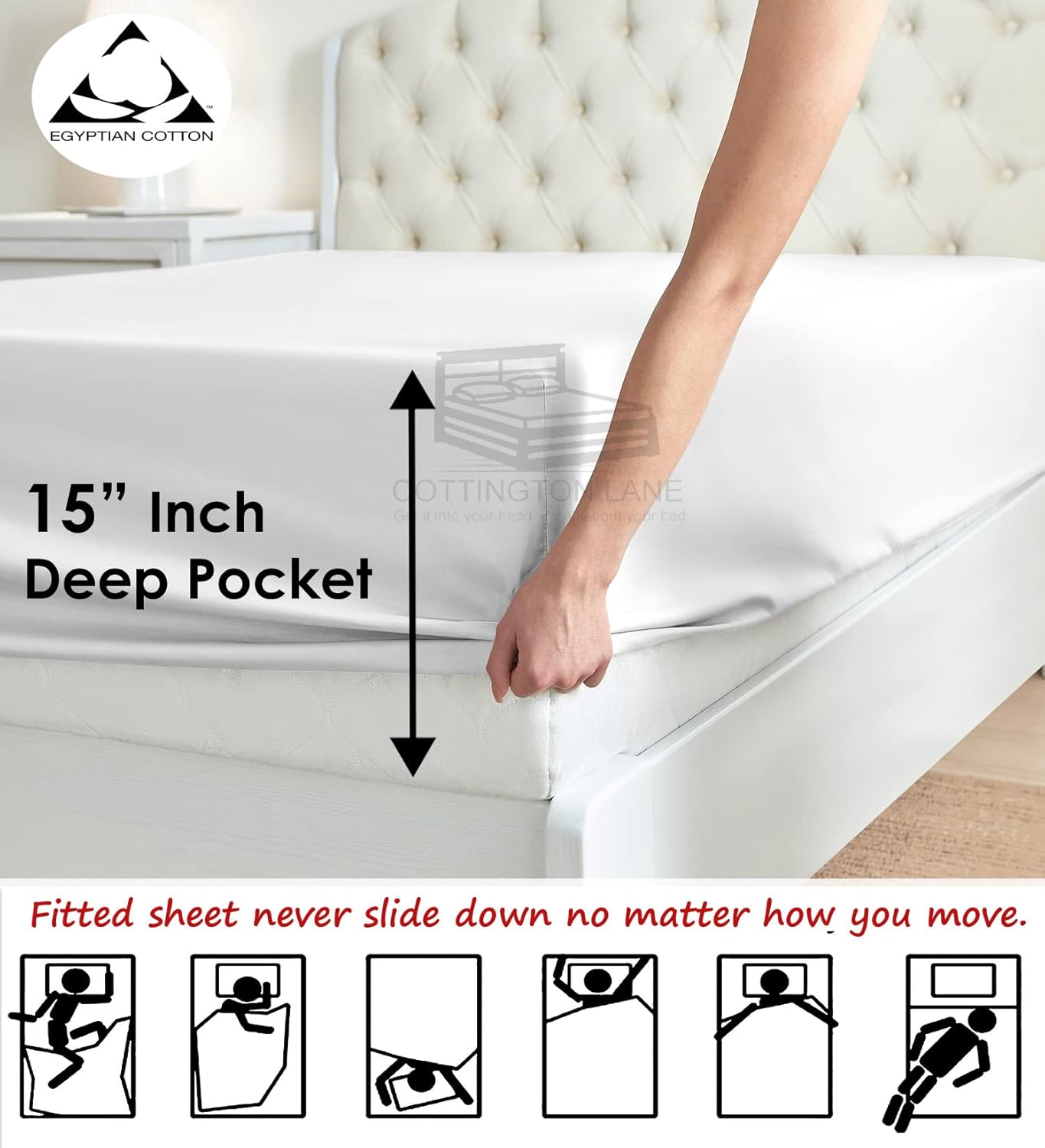 Cottington Lane Split California King Sheets Sets for Adjustable Bed, Hotel Luxury Cotton 5 Piece Set, Naturally Cool Soft Breathable, 16" Deep Pocket, White Solid