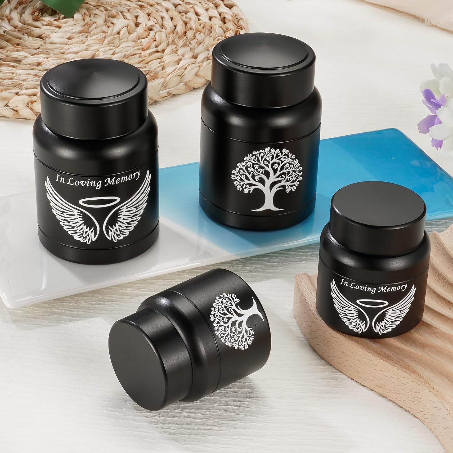 SOITIS Cremation Urn - 3.74 Inch Small Urn for Human Ashes - Elegant Black Aluminum Memorial Keepsake with White Wings Design - Funeral Keepsake for Ashes, Memorial Keepsake Holder