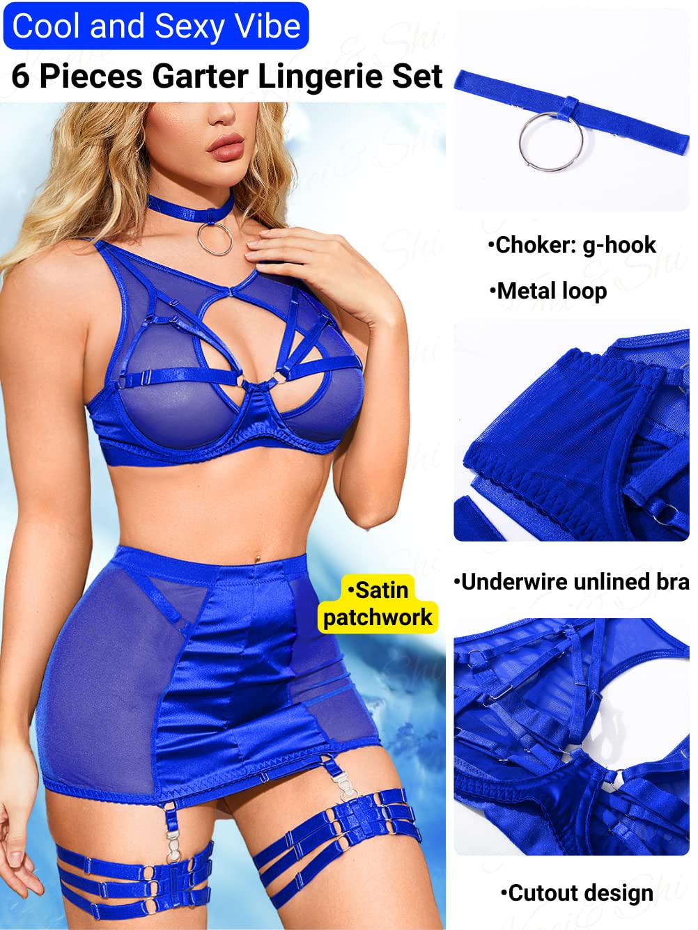 Kaei&Shi Garter Lingerie for Women, Strappy High Waisted Skirt G String 4 Piece Sexy Exotic Lingerie Outfits Set Boudoir: Royal Blue 16