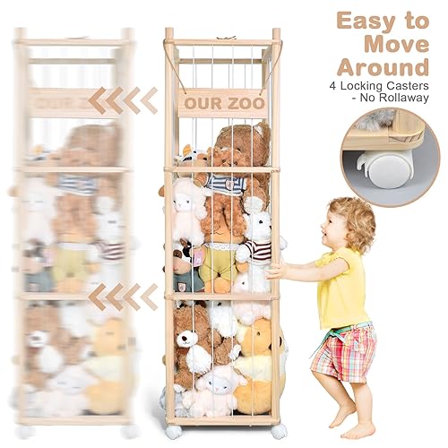 Miniatura 7 de Almacenamiento de animales de peluche, bonito soporte de madera para juguetes de zoológico con ruedas de freno, organizador de juguetes de ahorro de