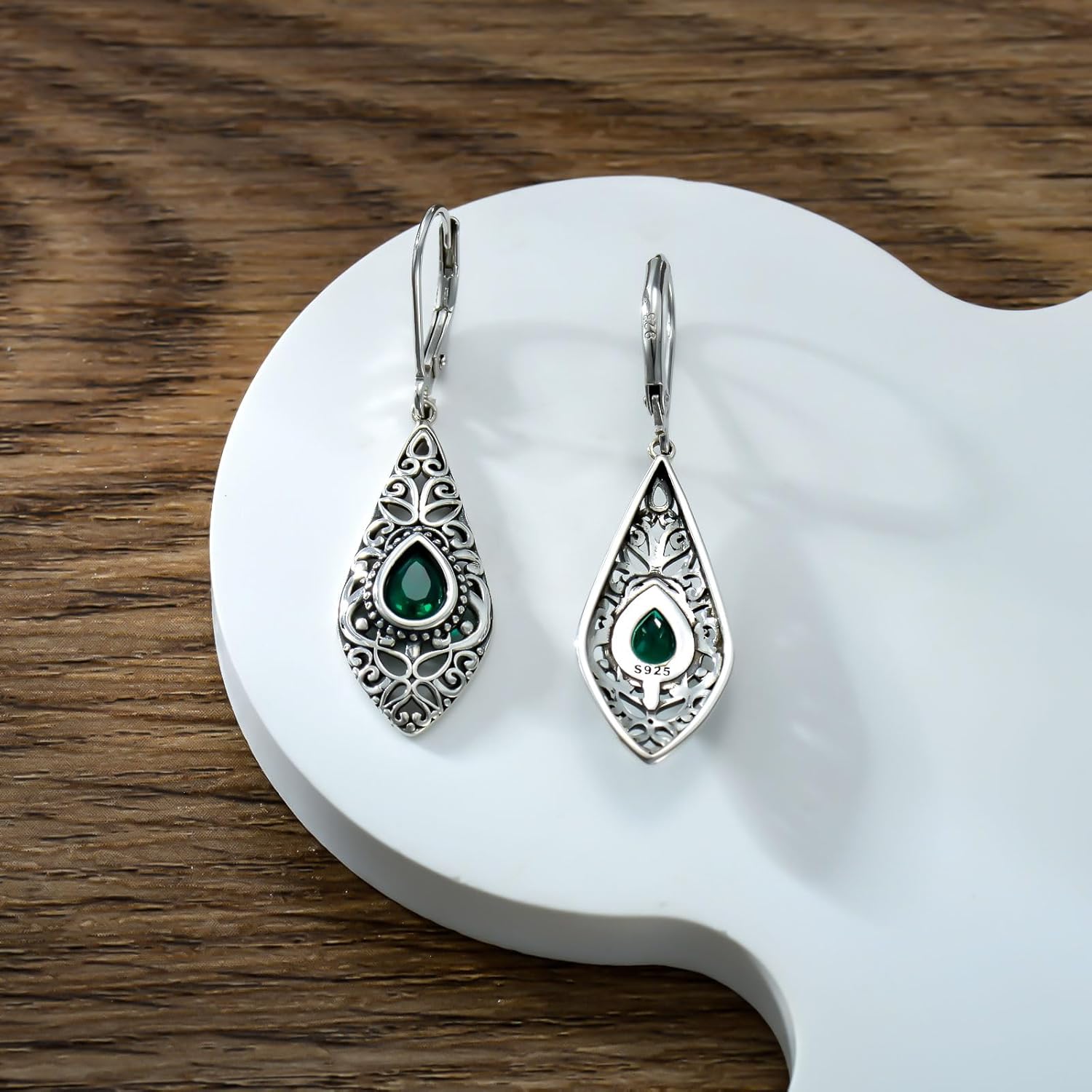 Vintage Emerald Earrings 925 Sterling Silver Lab Created Emerald Drop Earrings for Women