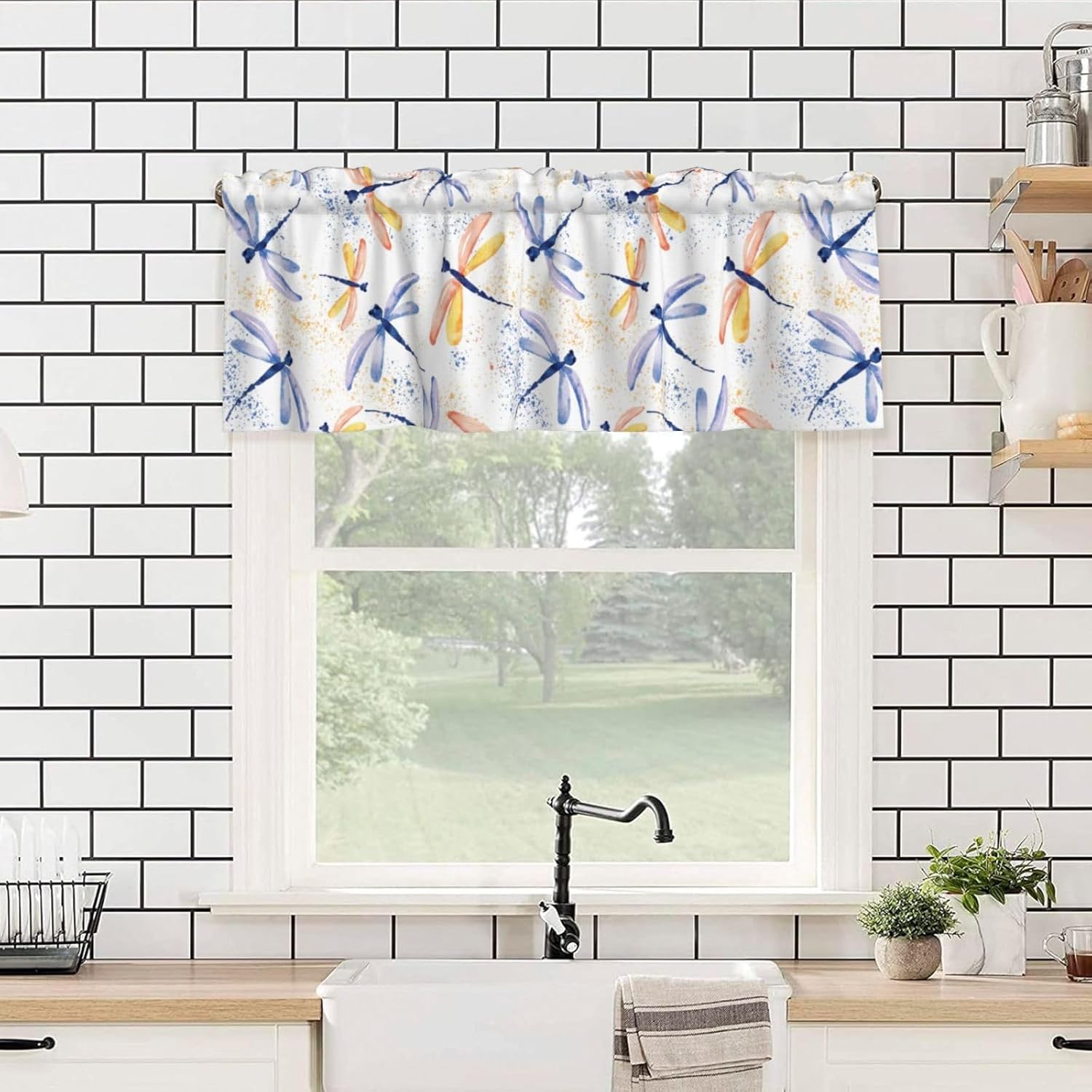 Valance for Windows Colorful Dragonfly Watercolor Kitchen Curtains Valances Rod Pocket Window Treatment Short Topper Curtains 1 Panel, 54x18inch
