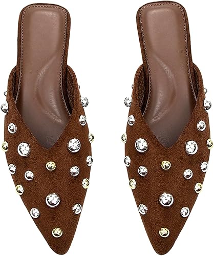 MakeMeChic Women's Suede Flat Shoes Leather Metal Rivet Slip on Mules Dressy Loa