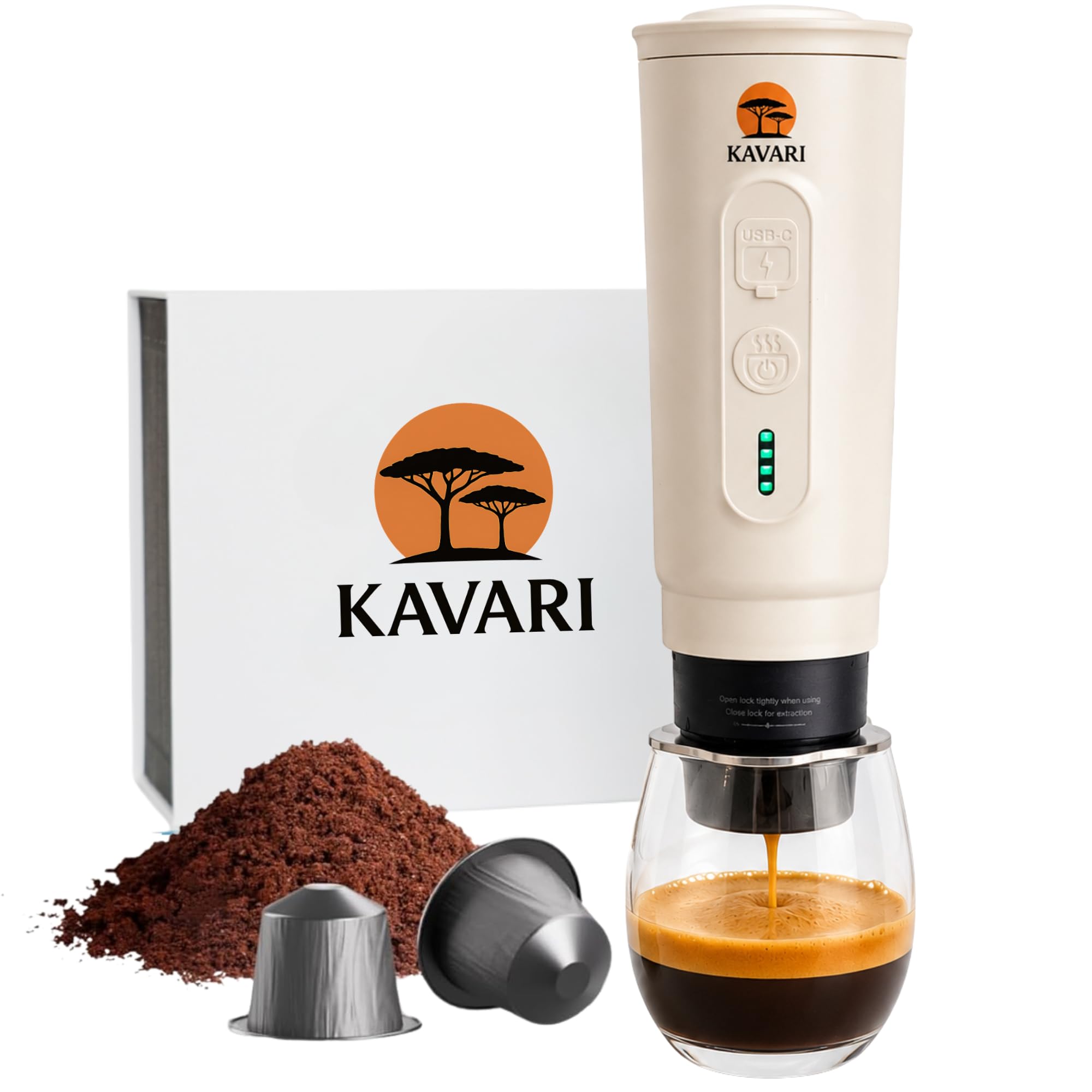 Kavari Machine à Café Portable Compacte Espresso italien 20 Bars | Cafetière portable 2 en 1 capsules Nespresso® & café moulu se recharge en USB-C et est idéale en voyage, voiture ou camping.