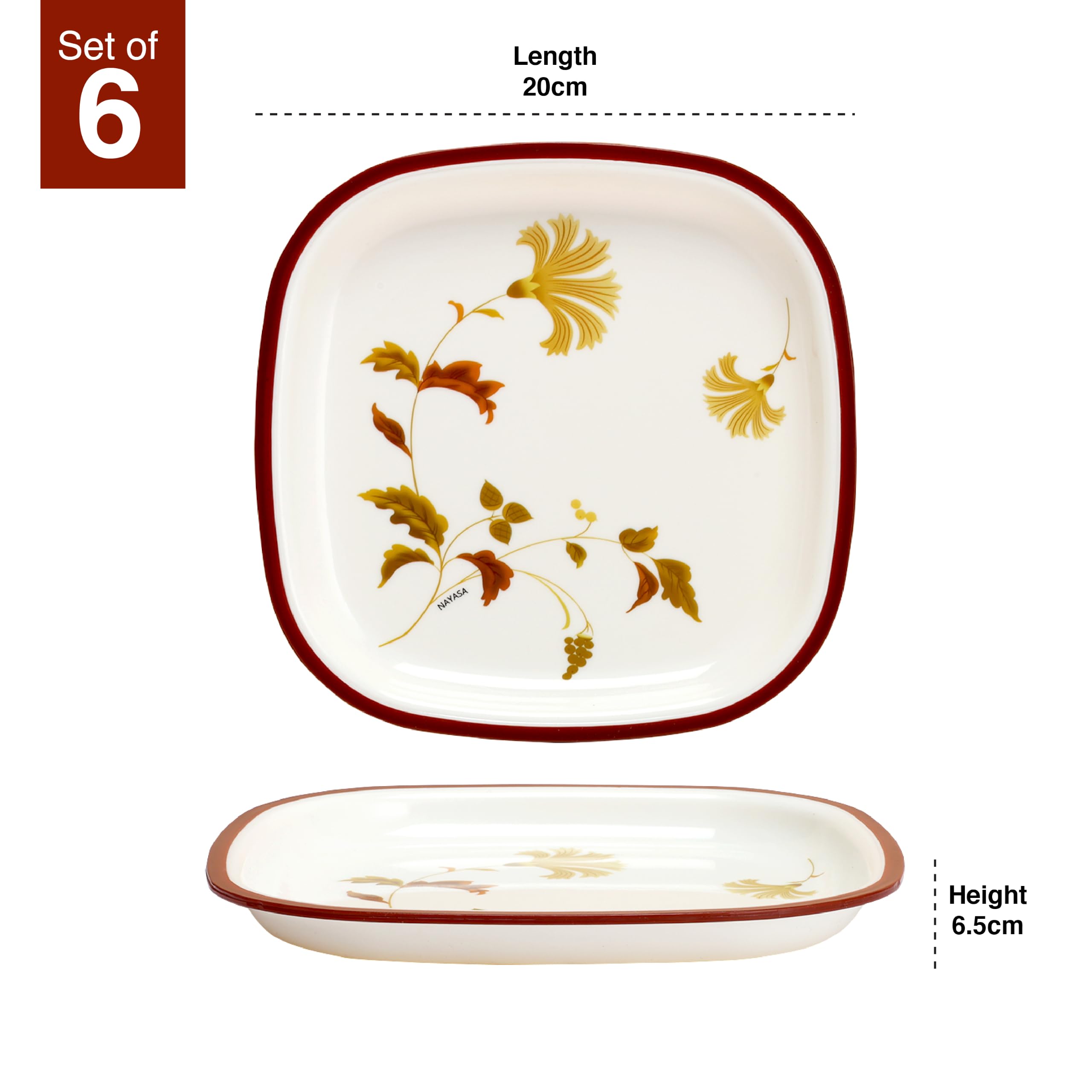Nayasa Plato cuadrado DLX | Juego de 6 | Plato de aperitivos apto para microondas | Duradero y elegante | Perfecto para servir aperitivos, postres y comidas pequeñas | Vajilla de cocina | Granate