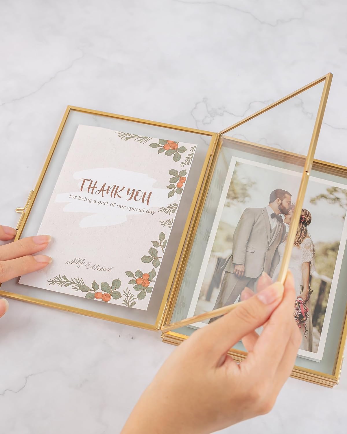 Gold Floating Frames, Vintage 5x7 Triple Folding Picture Frame, Hinged Glass Picture Frames with Three Opening for Artwork Photo Stand on Tabletop