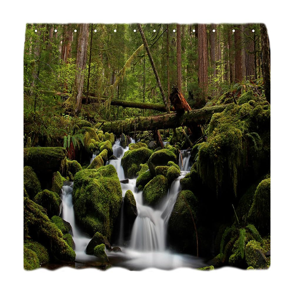Nature Shower Curtain Waterfall Stream Forest Natural Landscape Green Trees Jungle Mossy Rocks Themed Scenery Bathroom Decor Curtain Set with Hook