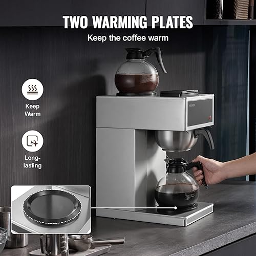 Miniatura 3 de VEVOR Cafetera comercial de goteo, cafetera de 12 tazas con 2 jarras de vidrio y 2 platos calentadores de decantador, cafetera de acero inoxidable