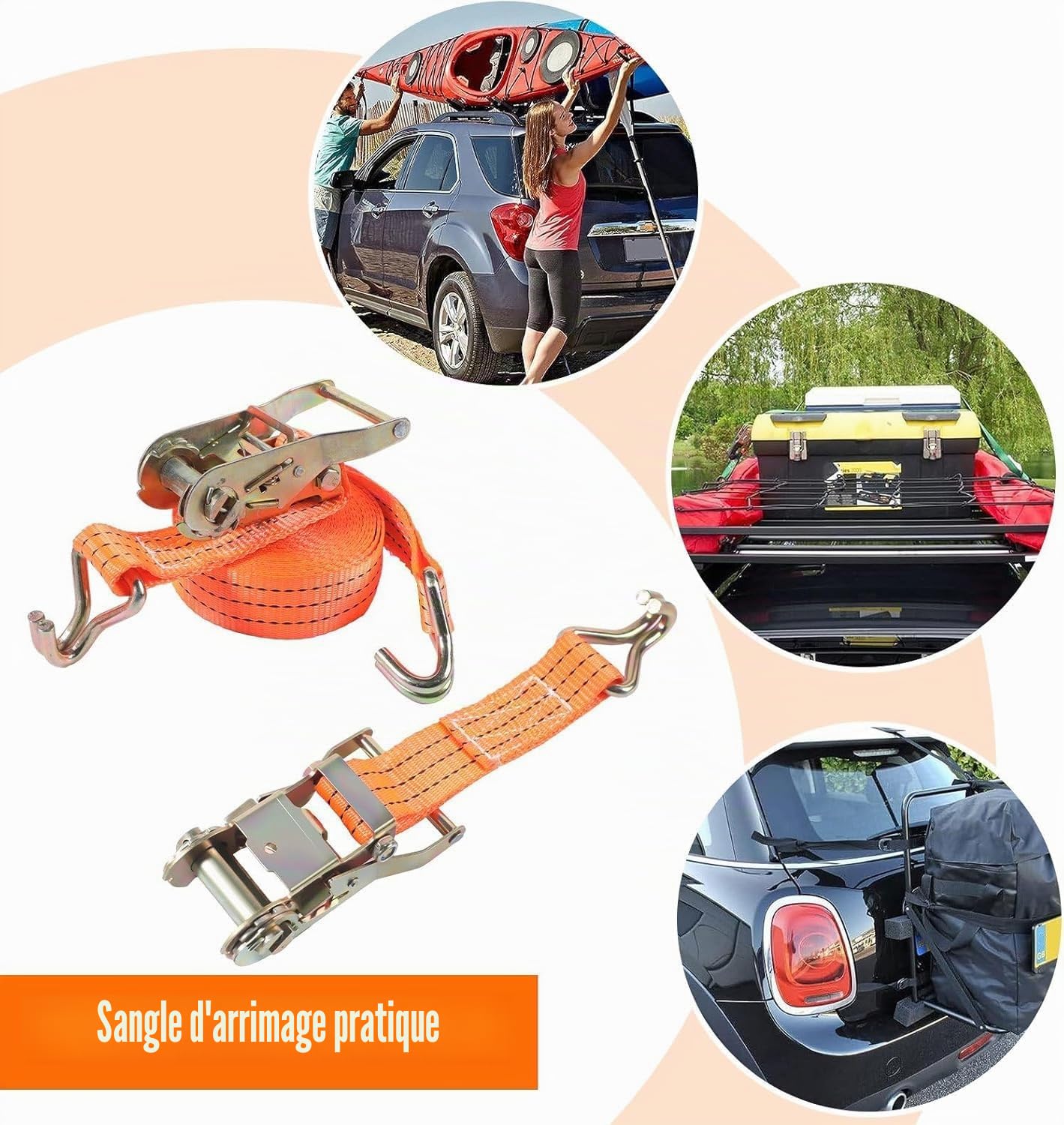 4 Jeux de Sangles à Cliquet 2000 kg - 4M×38MM, Certifiées TÜV GS, DIN en 12195-2, Sangle d’Arrimage, Sangles de Serrage avec Tendeur à Cliquet pour Remorque, Moto, Voiture