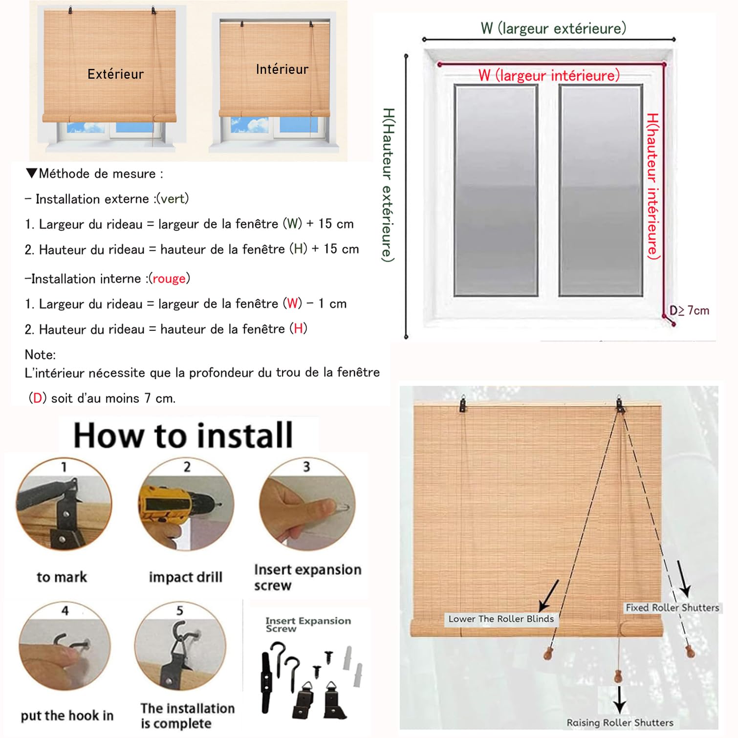 Store Enrouleur Rétro en Bambou,Store Venitien Bois,Rideau Occultant Fenetre,Protection Solaire,Tirage Latéral,pour Intérieur/Extérieur,Personnalisée,Largeur x Hauteur (110cm x 100cm)