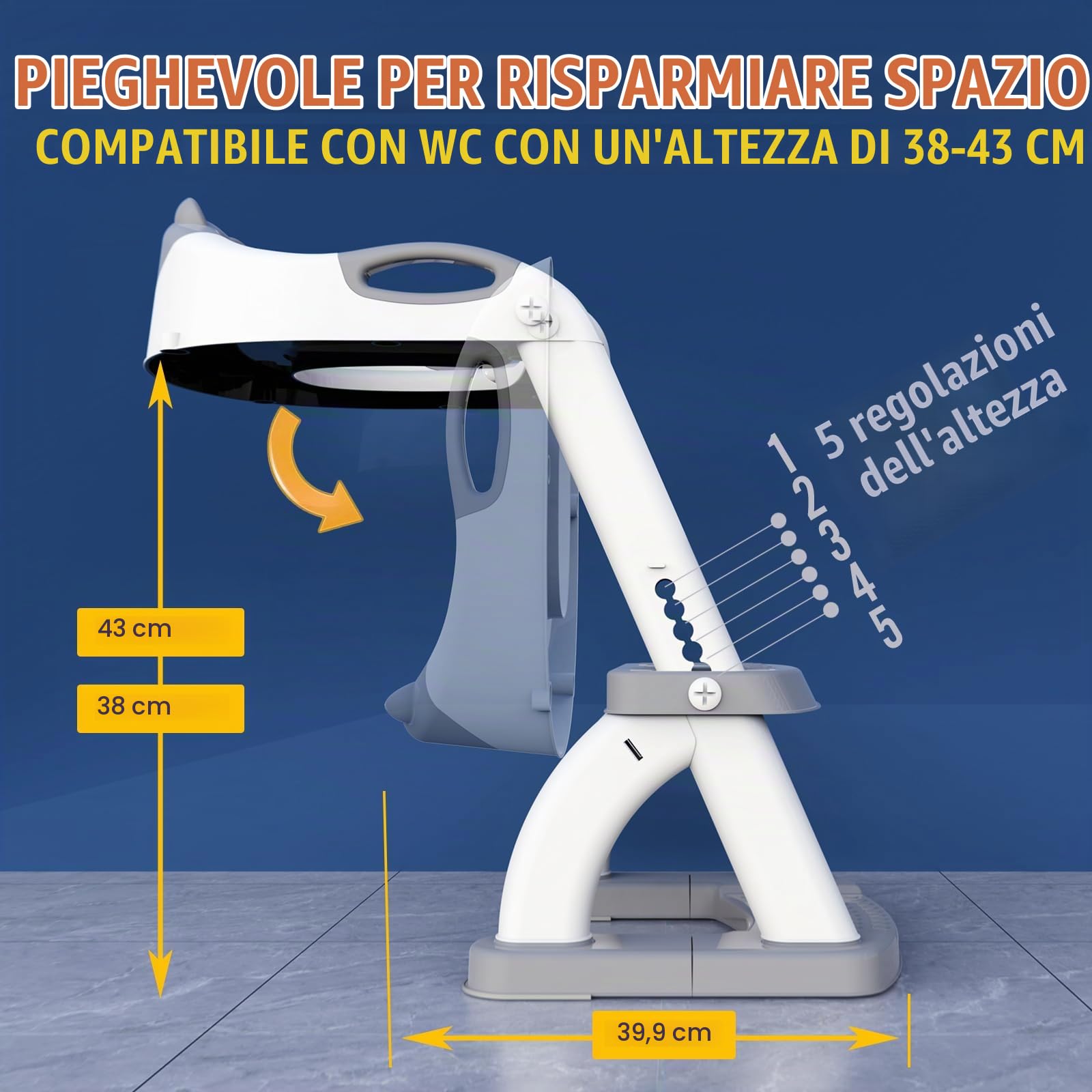 SKYROKU - Riduttore per WC 2 in 1 con base stabile a settore, per bambini, con paraschizzi, cuscinetto antiscivolo e scaletta, grigio smaltato