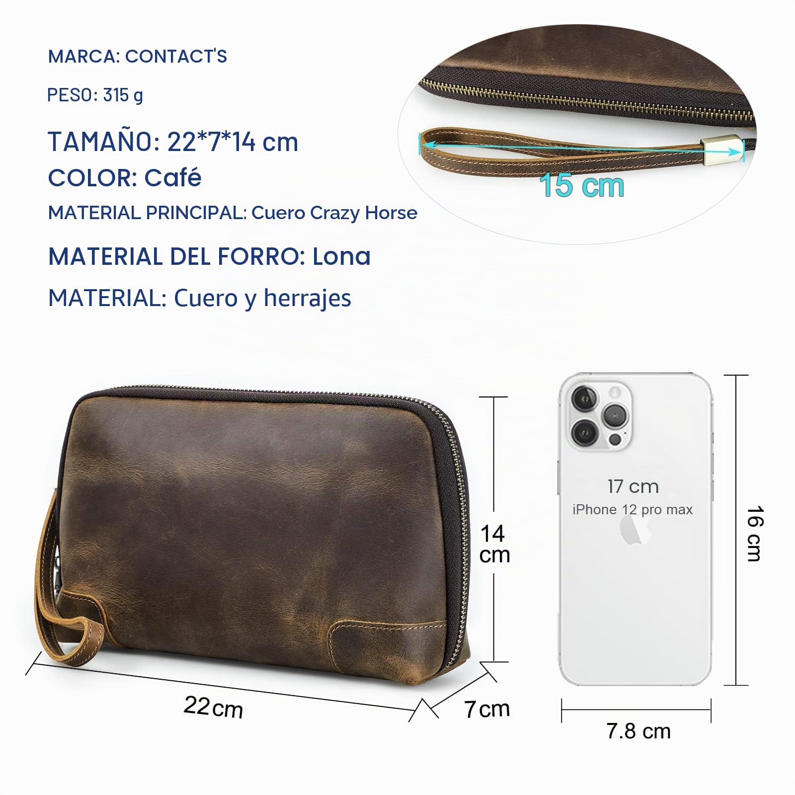 Contacts Bolso de viaje de cuero genuino para hombre con correa de muñeca, cartera con cierre de pasaporte y bolsillo con cremallera, bolso de mano grande con capacidad para teléfono para hombres