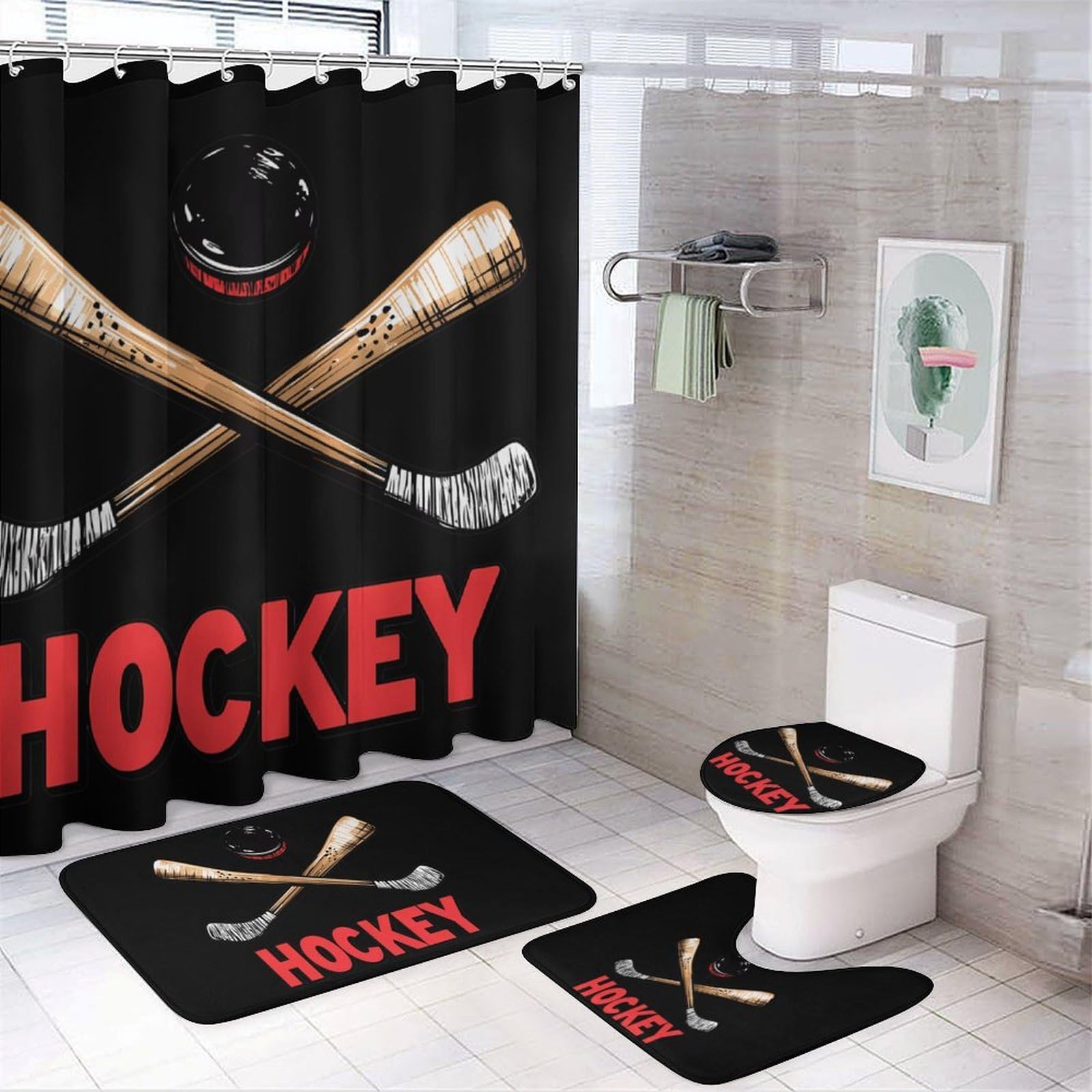 CGSBNGHA Ice Hockey Shower Curtain Set 4 Piece Bathroom Sets with Rugs Toilet Lid Cover And U-Shaped Floor Mat