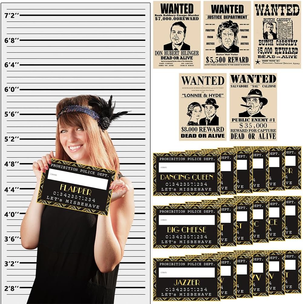 Roaring 20s Mug Shot Photo Booth Props, Height Chart Backdrop, Wanted Sign Posters Pack 26-Count