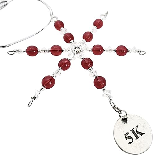 5K Ornament - Beaded Snowflake 5K Christmas OrnamentGift Tag with Round Pewter 5K Charm with Jewelry Box - Handmade with Red Vintage Beads
