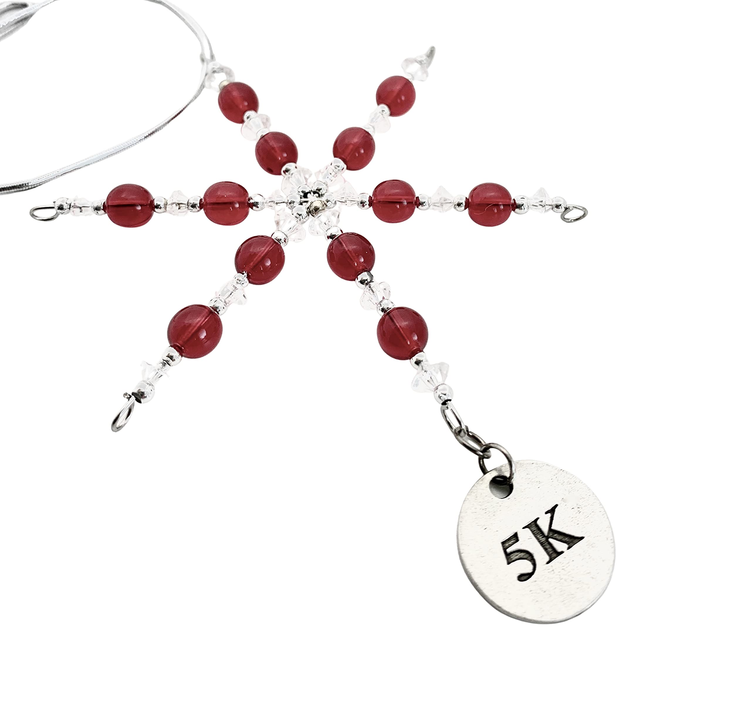 5K Ornament - Beaded Snowflake 5K Christmas Ornament/Gift Tag with Round Pewter 5K Charm with Jewelry Box - Handmade with Red Vintage Beads