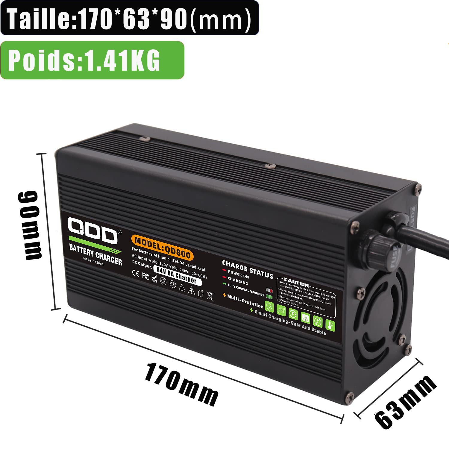 QDD Chargeur 72V 8A Chargeur de Batterie au Plomb 82,8V pour Batterie au Plomb 72V avec Prise CC C13 N+L-