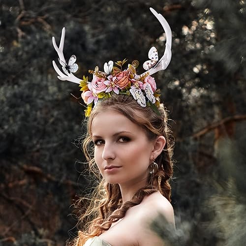 Miniatura 3 de MOSTORY Diadema hecha a mano con cuernos blancos de mariposa del bosque, diadema de cuernos de ciervo y bosque, corona de flores de hada para