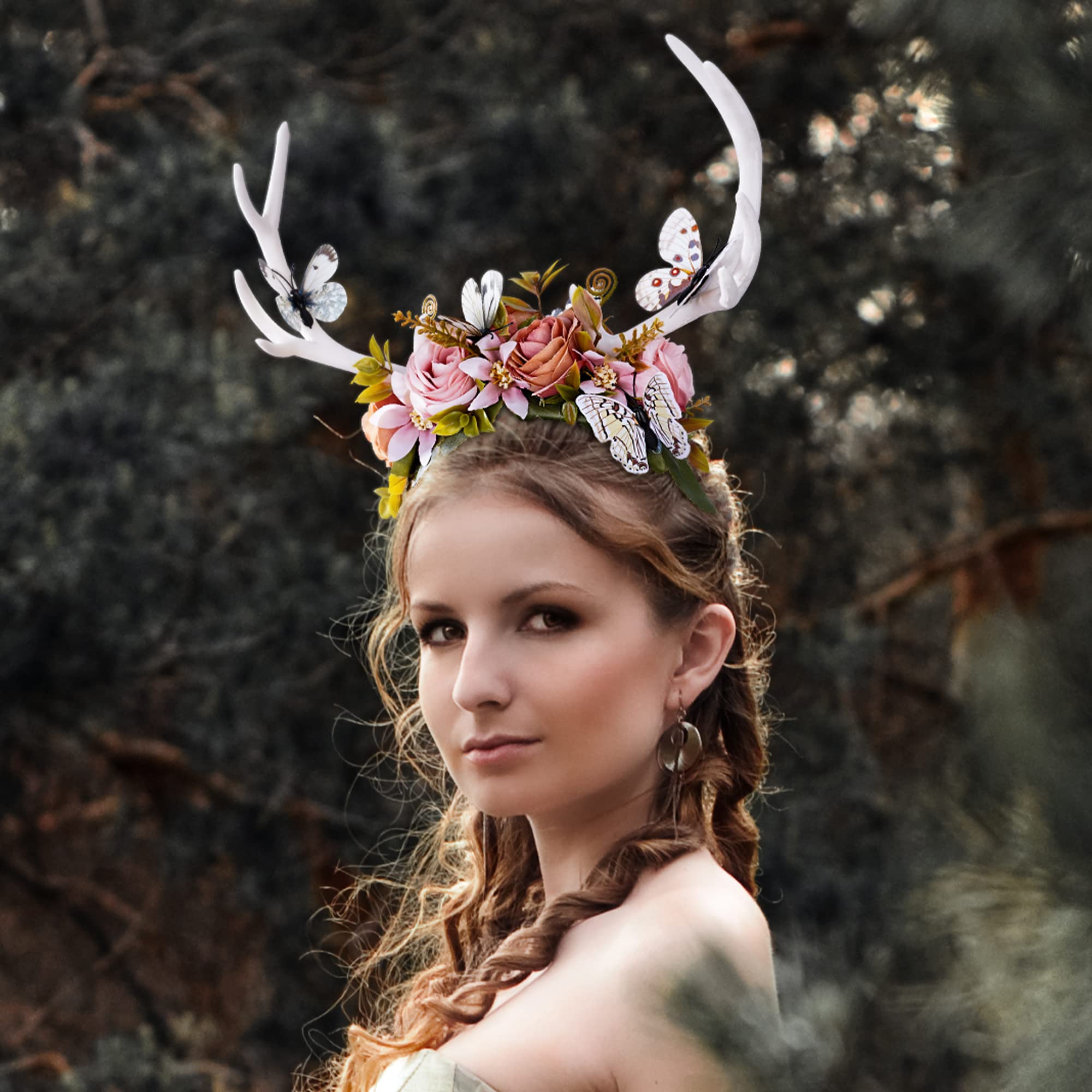 MOSTORY Fairy Antler Headband for Woodland Accessories Flower Crwon with Pink Flower for Wedding Prom Cosplay Renaissance Halloween - Image 3