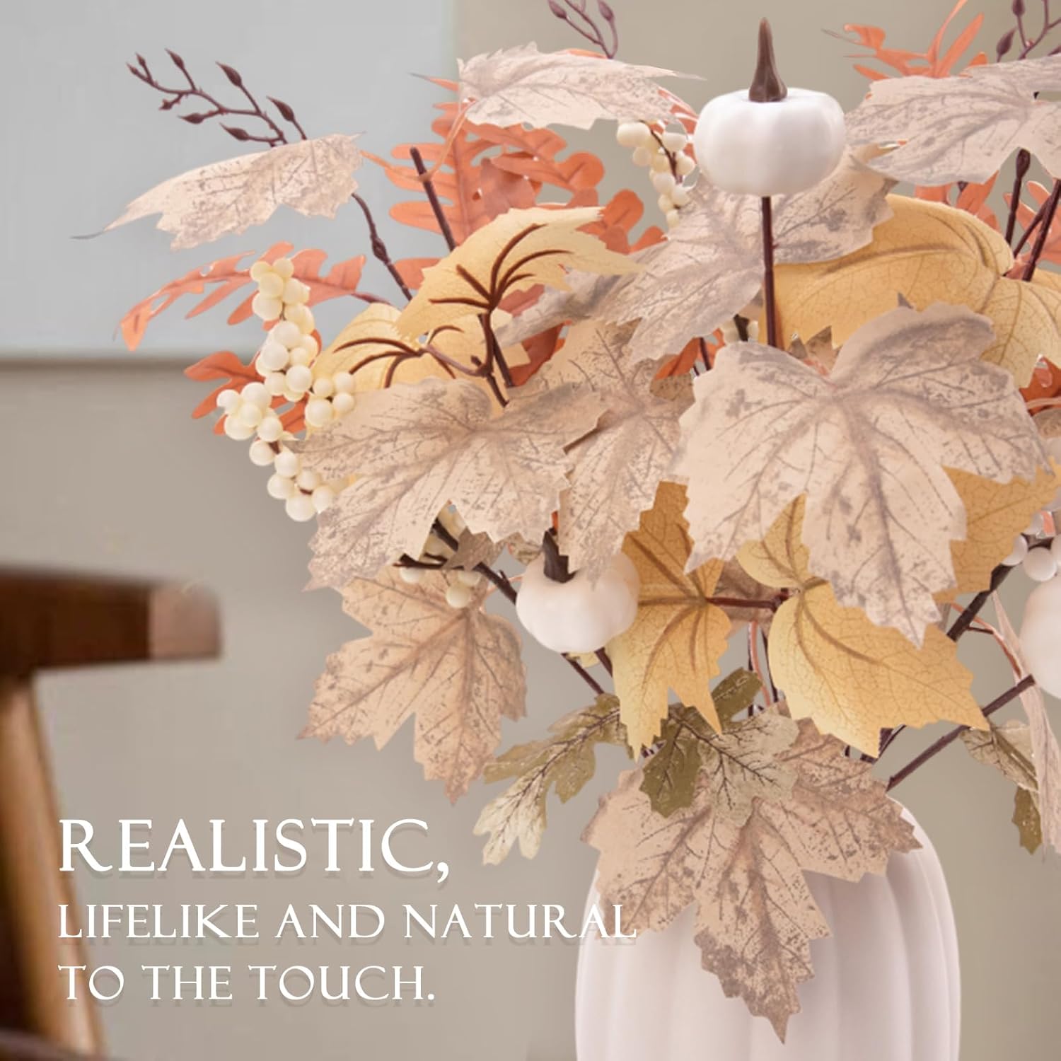 Fall Decor - Ceramic Pumpkin Vase with 15 PCS Autumn Maple Leaf Pumpkin Berry Stems - Table Centerpieces Thanksgiving Farmhouse Neutral Harvest Decorations for Home Indoor Dining Room Kitchen