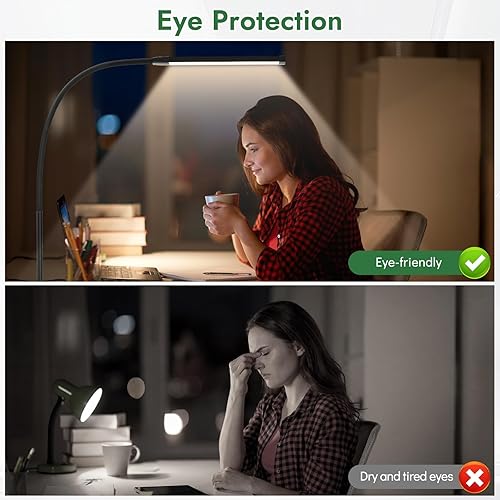 Miniatura 6 de Lámpara de escritorio con abrazadera, luz LED con clip para cuidado de los ojos, brazo flexible de 27 pulgadas de alto, 3 modos de color, 10 brillo,
