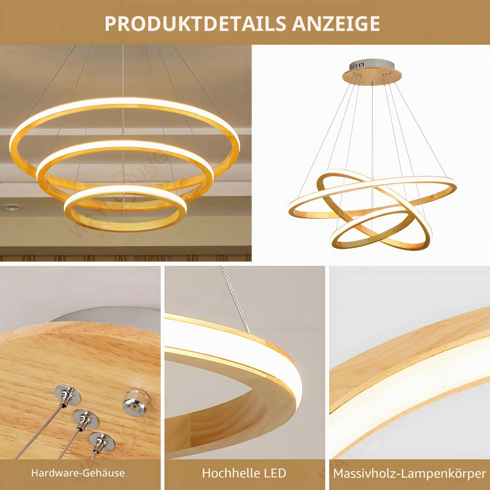 Holz LED Kronleuchter, Deckenleuchte, Dimmbare 3 Ring Holzleuchte, Verstellbare Kreis Pendelleuchte Kücheninsel Esszimmer Wohnzimmer Foyer Zum Aufhängen 【40+60+80cm】